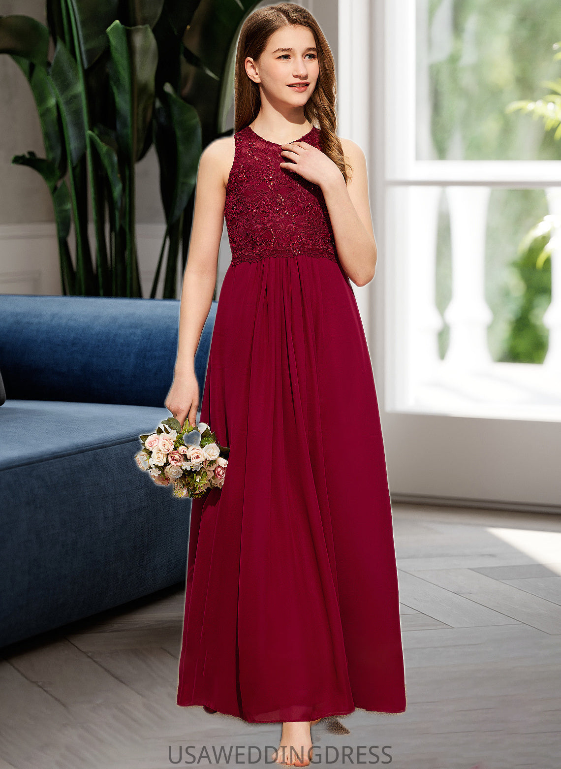 Mckenna A-Line Scoop Neck Floor-Length Chiffon Lace Junior Bridesmaid Dress With Sequins DSP0013525