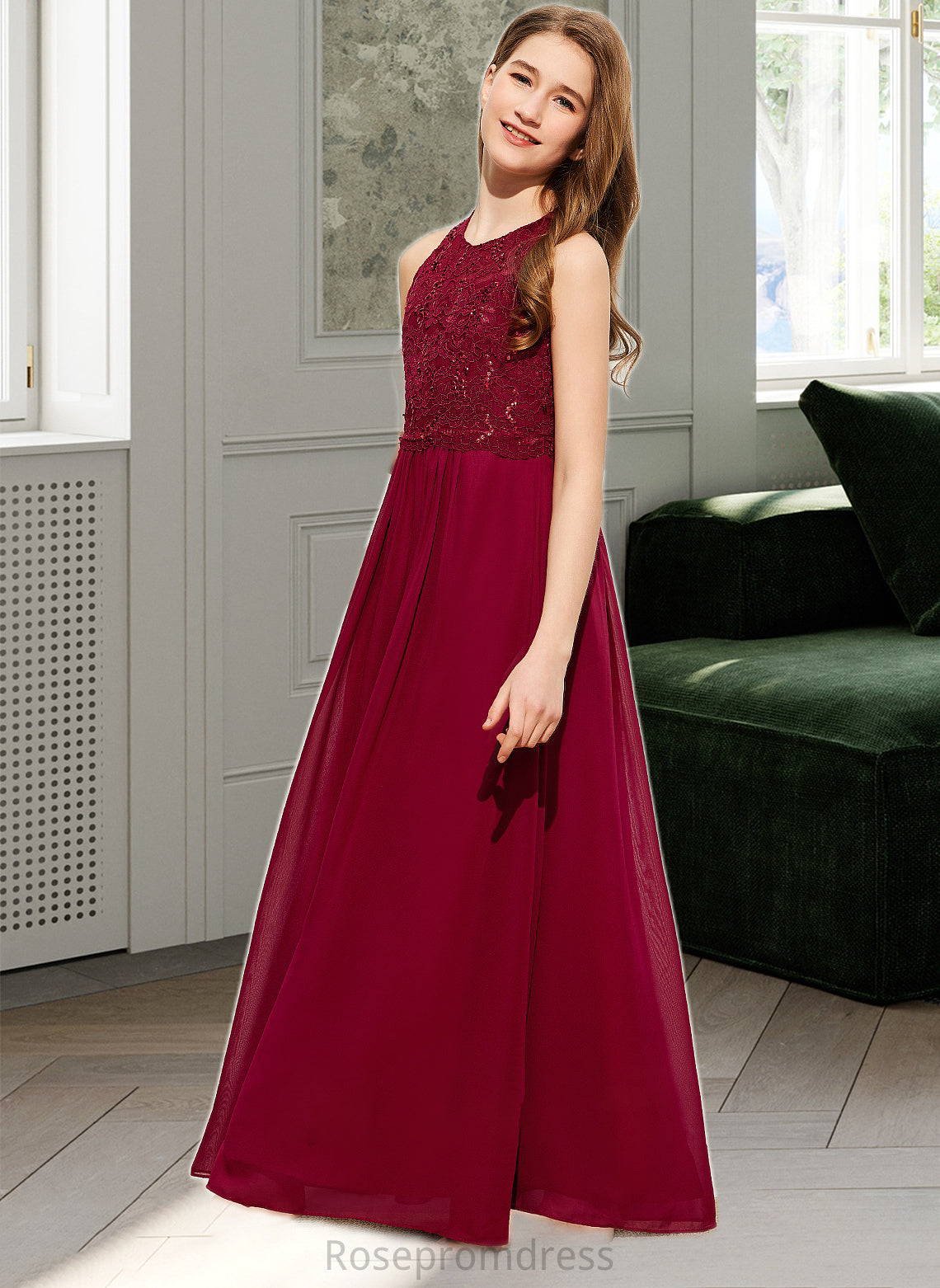 Kristina A-Line Scoop Neck Floor-Length Chiffon Lace Junior Bridesmaid Dress With Sequins SRSP0013525