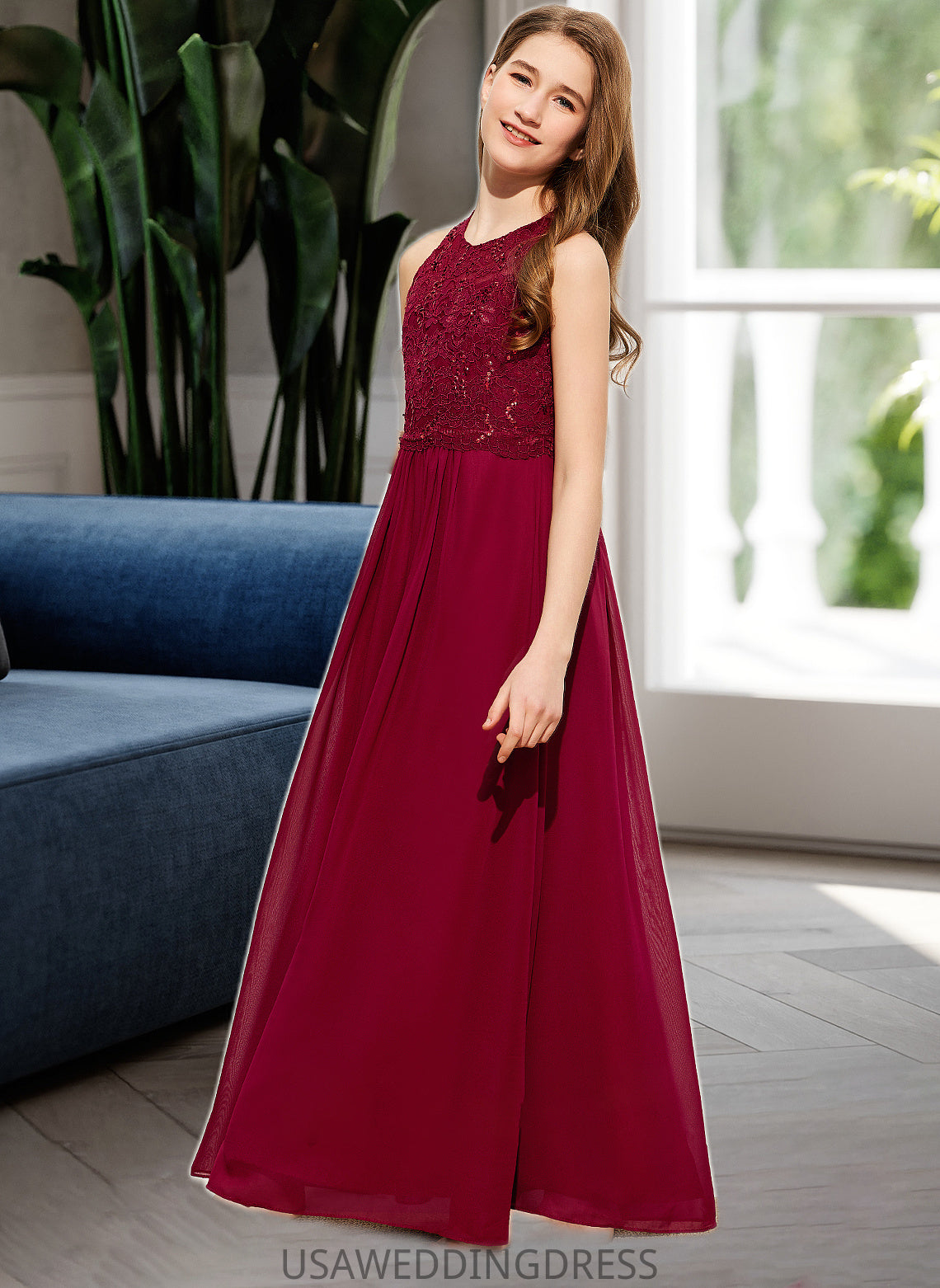 Mckenna A-Line Scoop Neck Floor-Length Chiffon Lace Junior Bridesmaid Dress With Sequins DSP0013525