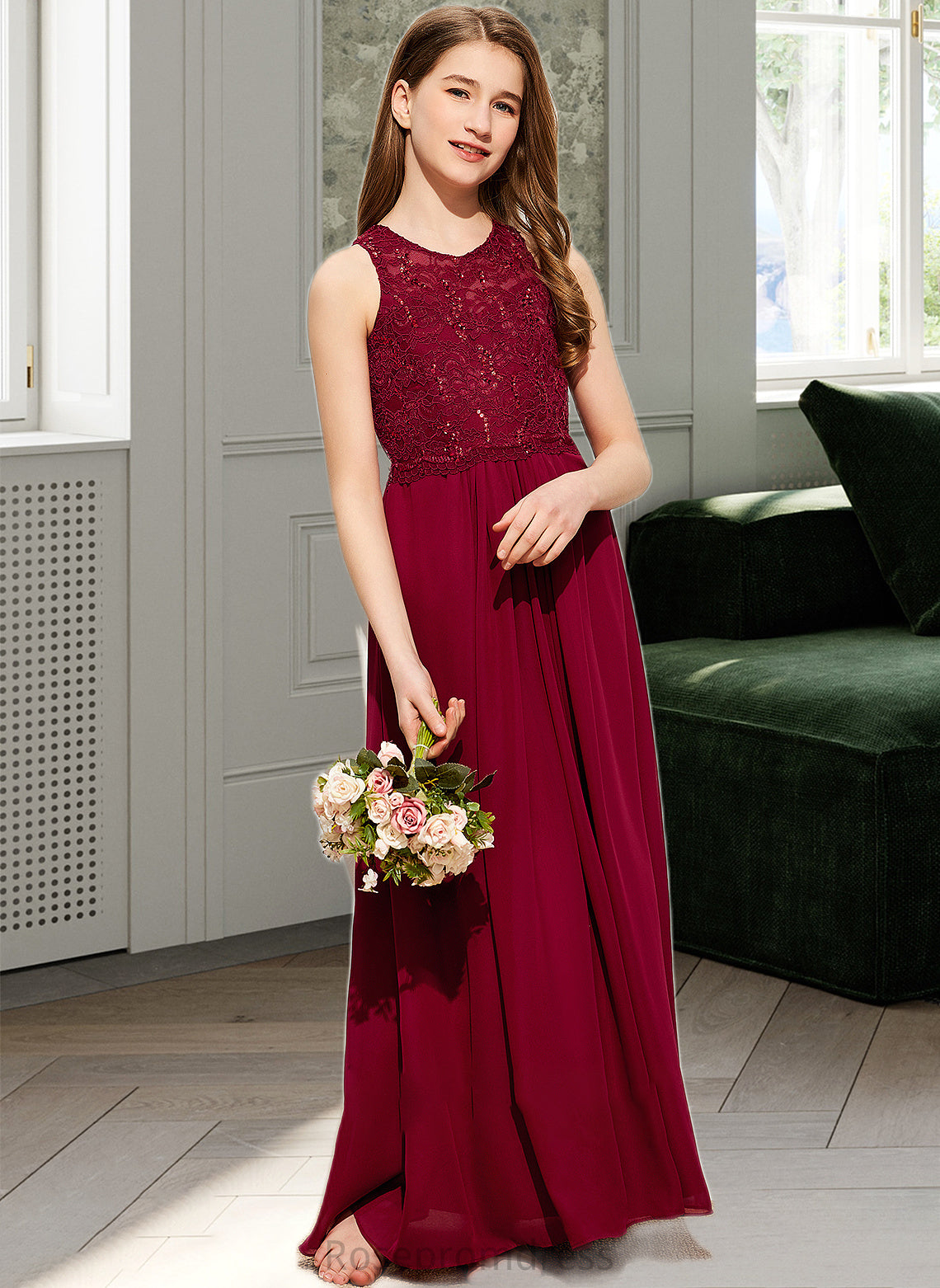 Kristina A-Line Scoop Neck Floor-Length Chiffon Lace Junior Bridesmaid Dress With Sequins SRSP0013525