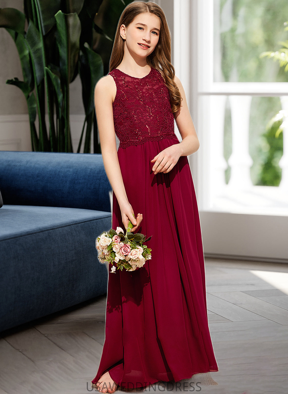 Mckenna A-Line Scoop Neck Floor-Length Chiffon Lace Junior Bridesmaid Dress With Sequins DSP0013525