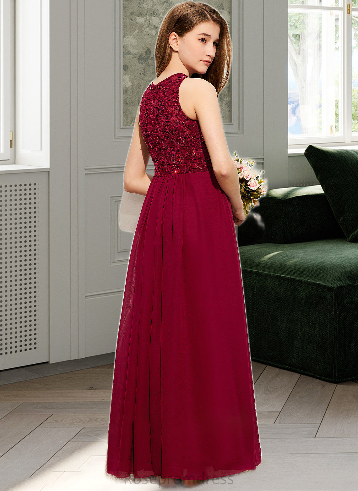 Kristina A-Line Scoop Neck Floor-Length Chiffon Lace Junior Bridesmaid Dress With Sequins SRSP0013525