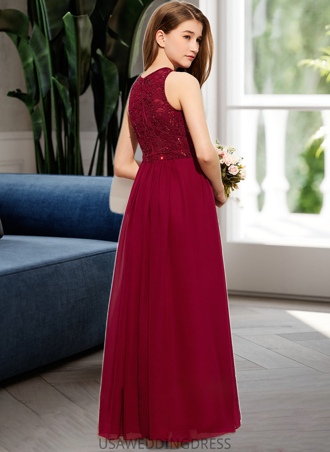 Mckenna A-Line Scoop Neck Floor-Length Chiffon Lace Junior Bridesmaid Dress With Sequins DSP0013525