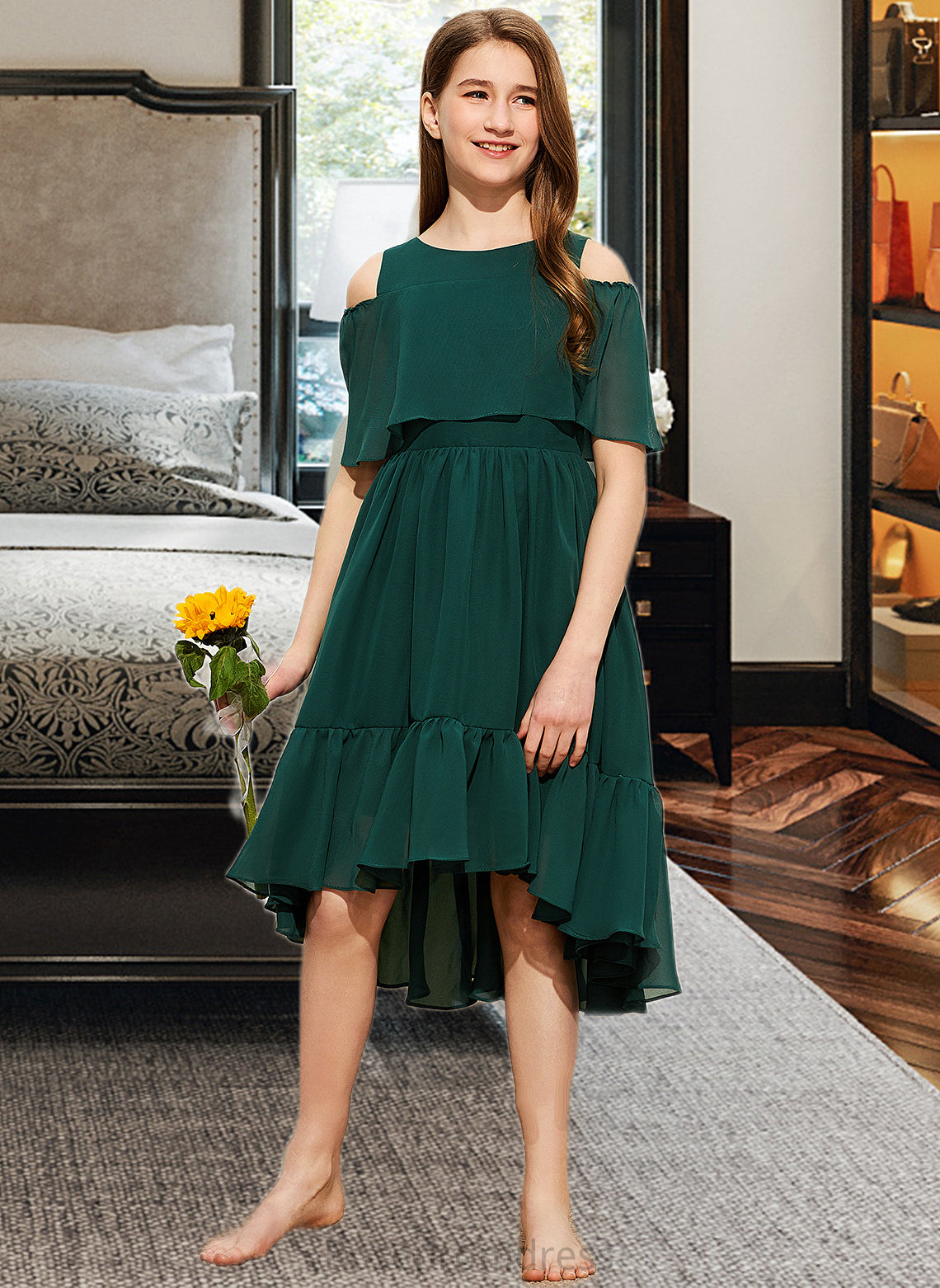 Tricia A-Line Scoop Neck Asymmetrical Chiffon Junior Bridesmaid Dress With Cascading Ruffles SRSP0013526