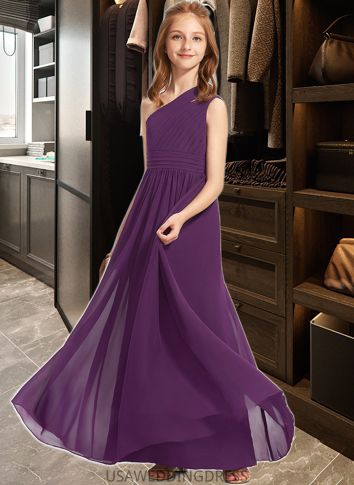 Maeve A-Line One-Shoulder Floor-Length Chiffon Junior Bridesmaid Dress With Ruffle DSP0013527