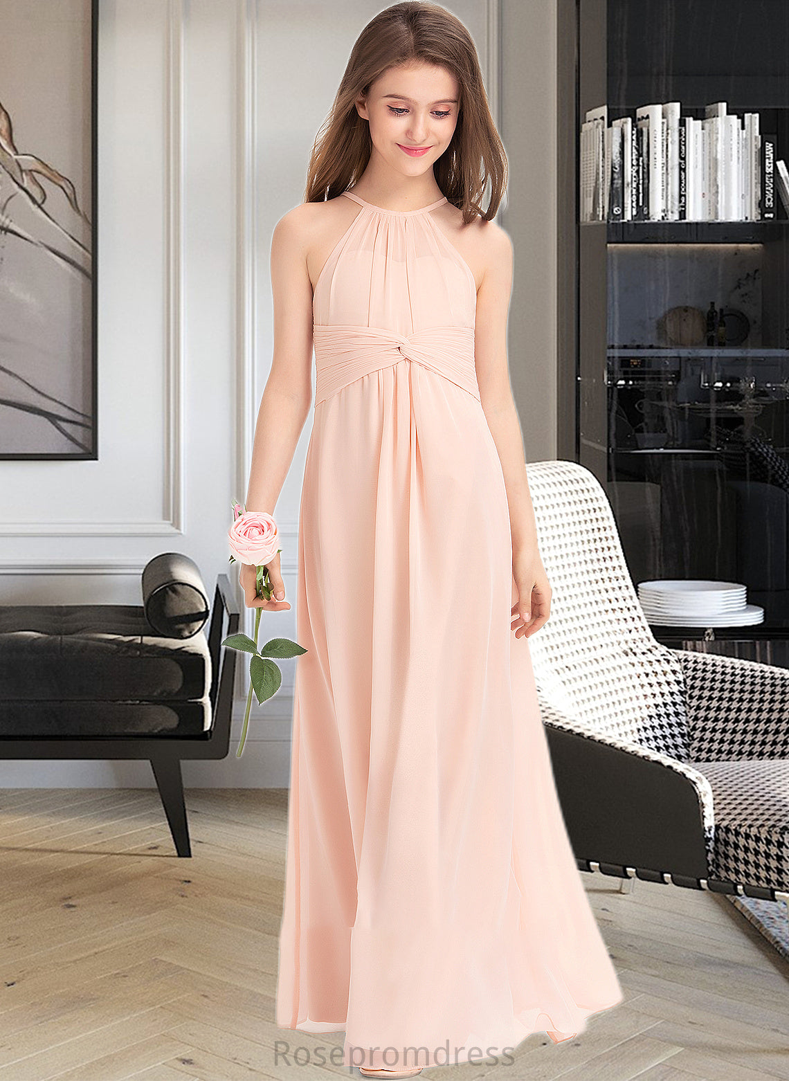 Olga A-Line Scoop Neck Floor-Length Chiffon Junior Bridesmaid Dress With Ruffle SRSP0013528