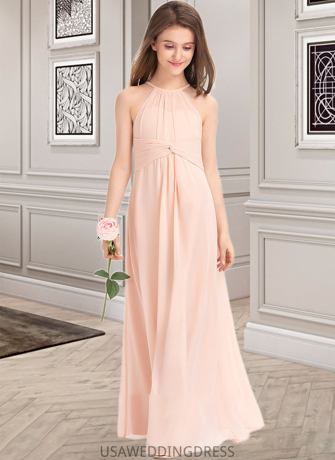 Marissa A-Line Scoop Neck Floor-Length Chiffon Junior Bridesmaid Dress With Ruffle DSP0013528