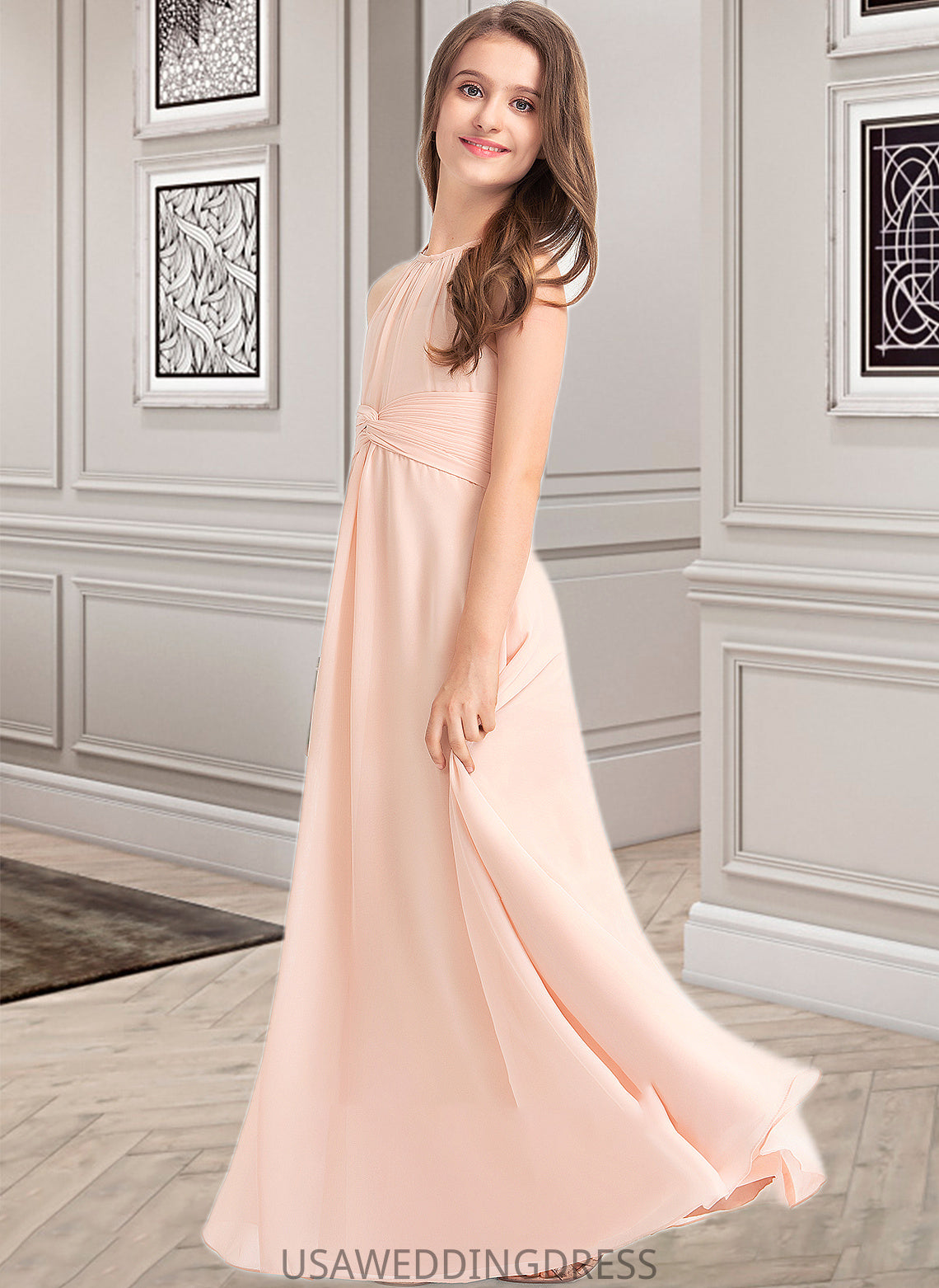 Marissa A-Line Scoop Neck Floor-Length Chiffon Junior Bridesmaid Dress With Ruffle DSP0013528