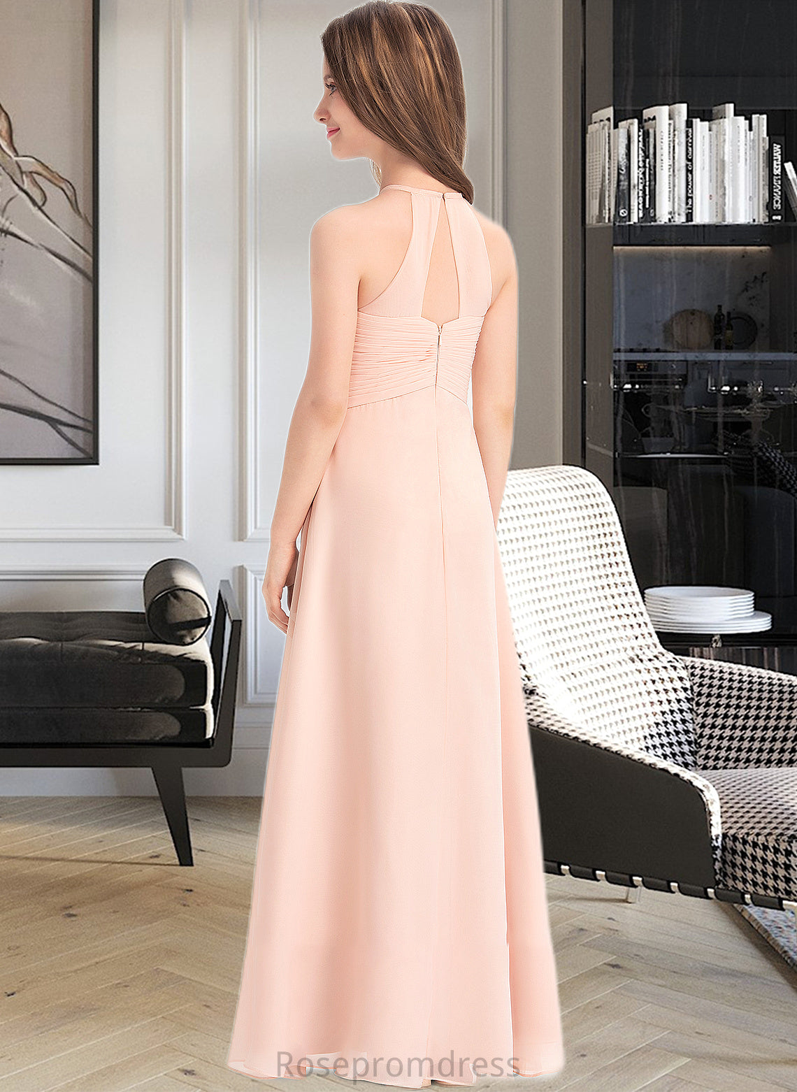 Olga A-Line Scoop Neck Floor-Length Chiffon Junior Bridesmaid Dress With Ruffle SRSP0013528