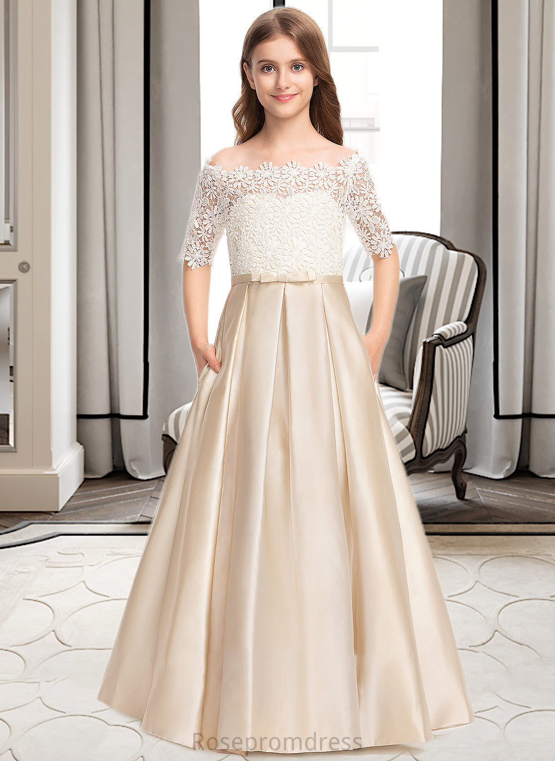 Melanie Ball-Gown/Princess Off-the-Shoulder Floor-Length Satin Lace Junior Bridesmaid Dress With Bow(s) Pockets SRSP0013530