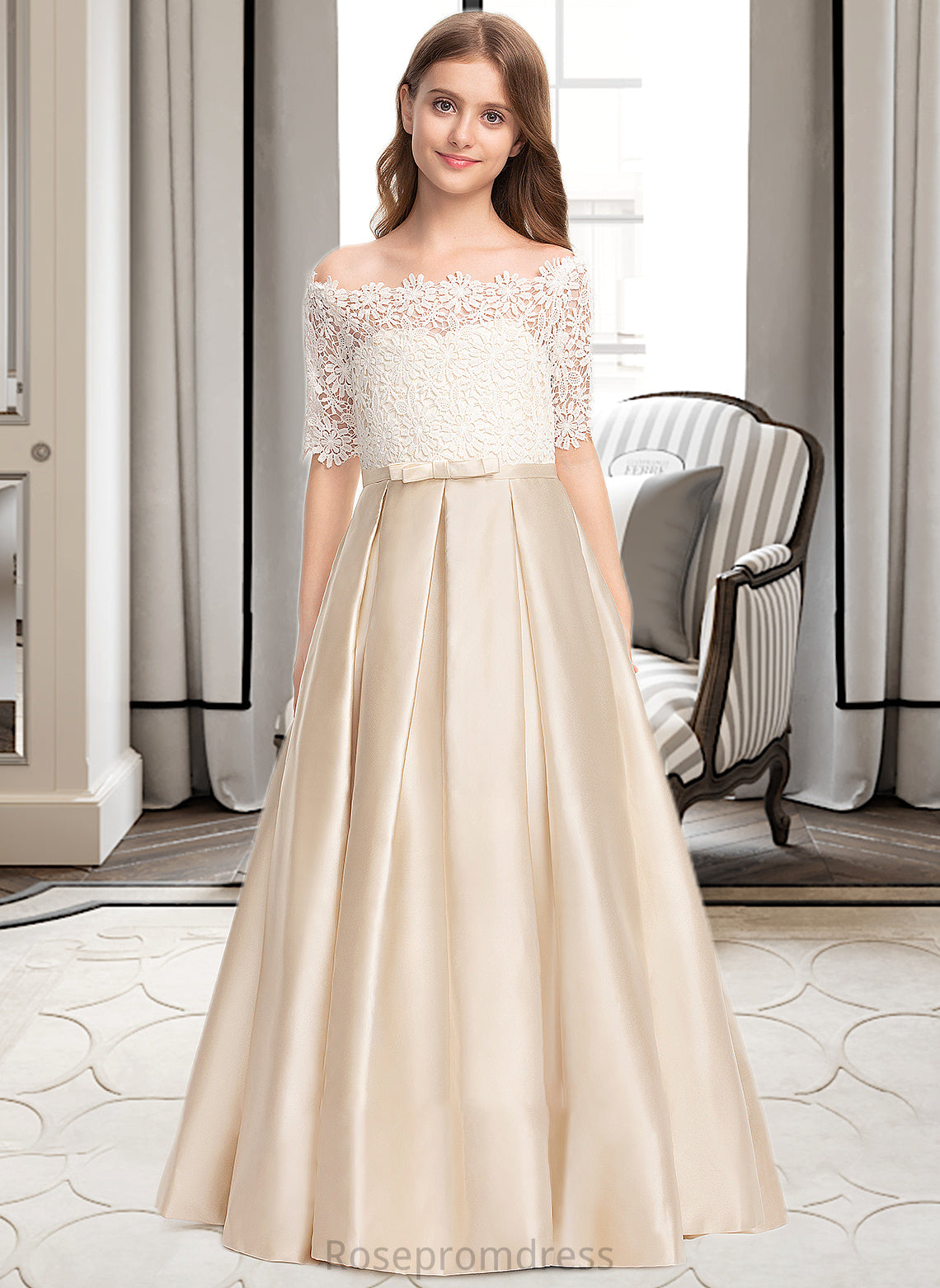 Melanie Ball-Gown/Princess Off-the-Shoulder Floor-Length Satin Lace Junior Bridesmaid Dress With Bow(s) Pockets SRSP0013530