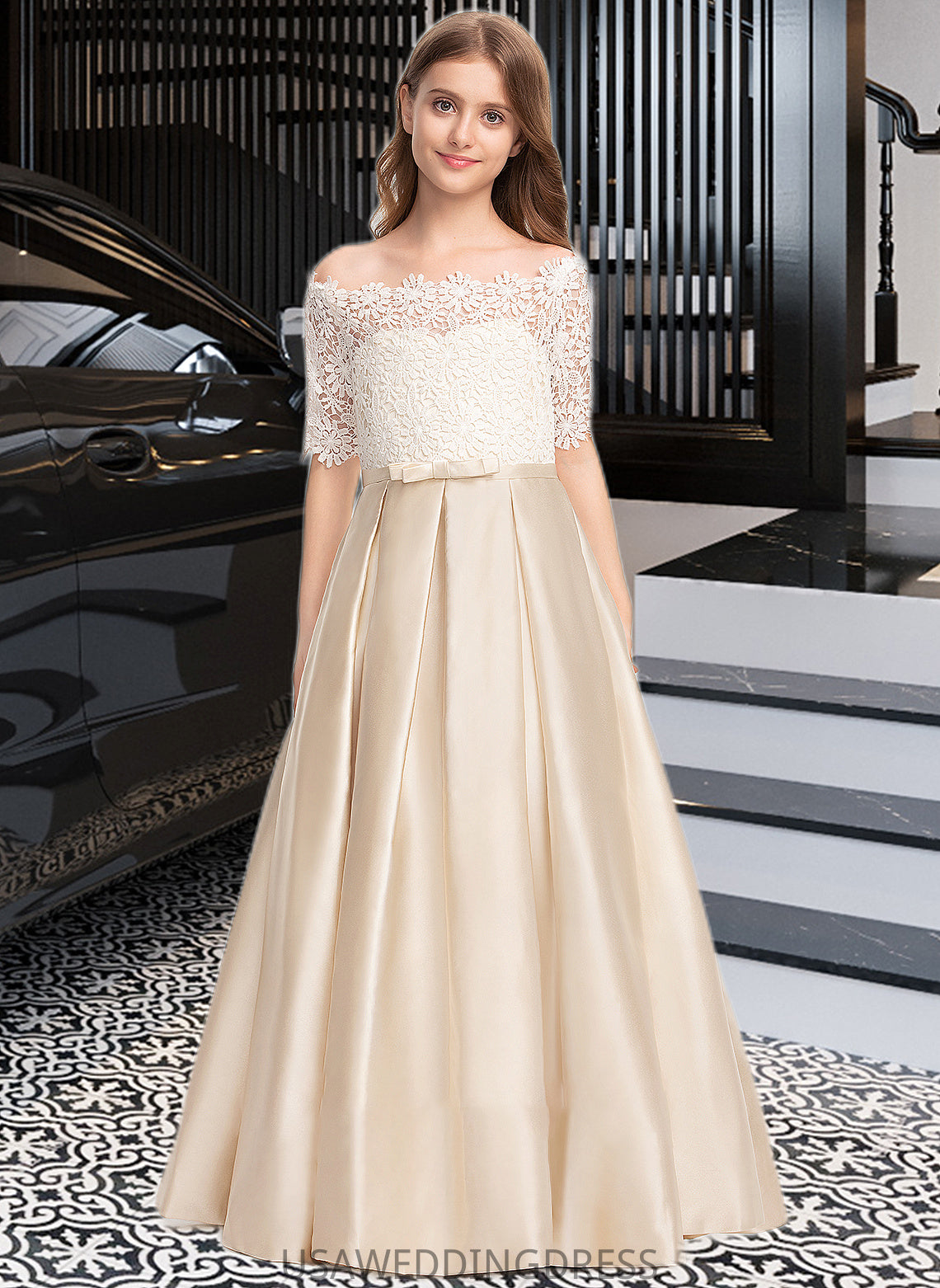 Kenley Ball-Gown/Princess Off-the-Shoulder Floor-Length Satin Lace Junior Bridesmaid Dress With Bow(s) Pockets DSP0013530