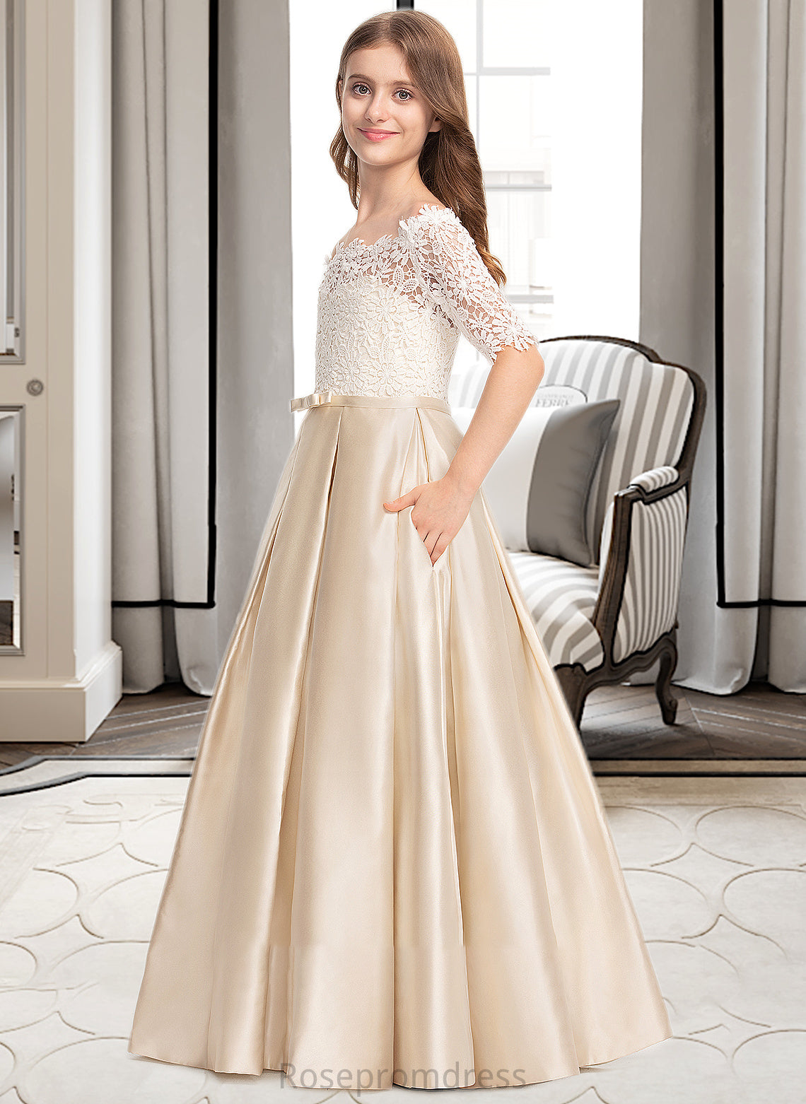 Melanie Ball-Gown/Princess Off-the-Shoulder Floor-Length Satin Lace Junior Bridesmaid Dress With Bow(s) Pockets SRSP0013530