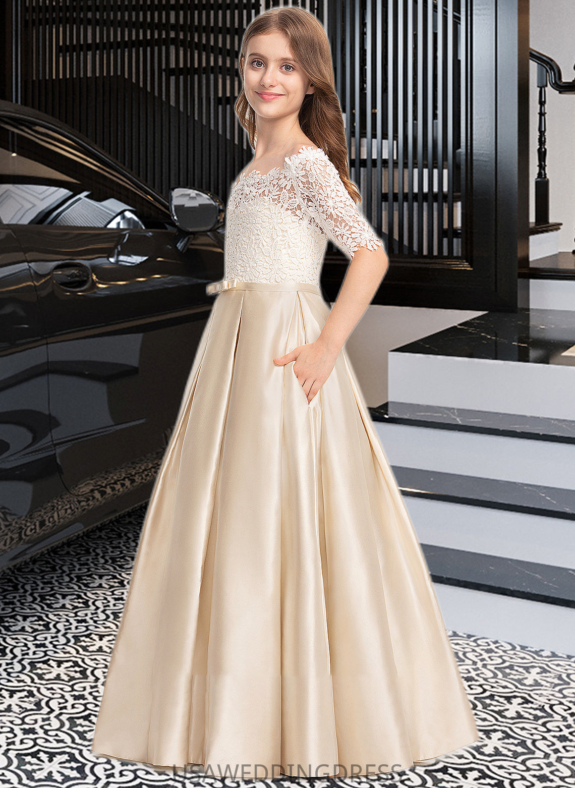 Kenley Ball-Gown/Princess Off-the-Shoulder Floor-Length Satin Lace Junior Bridesmaid Dress With Bow(s) Pockets DSP0013530