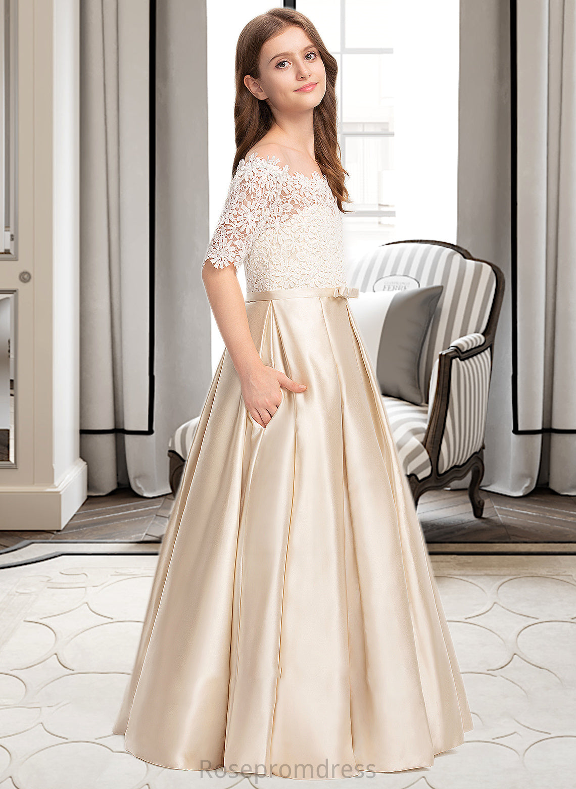 Melanie Ball-Gown/Princess Off-the-Shoulder Floor-Length Satin Lace Junior Bridesmaid Dress With Bow(s) Pockets SRSP0013530