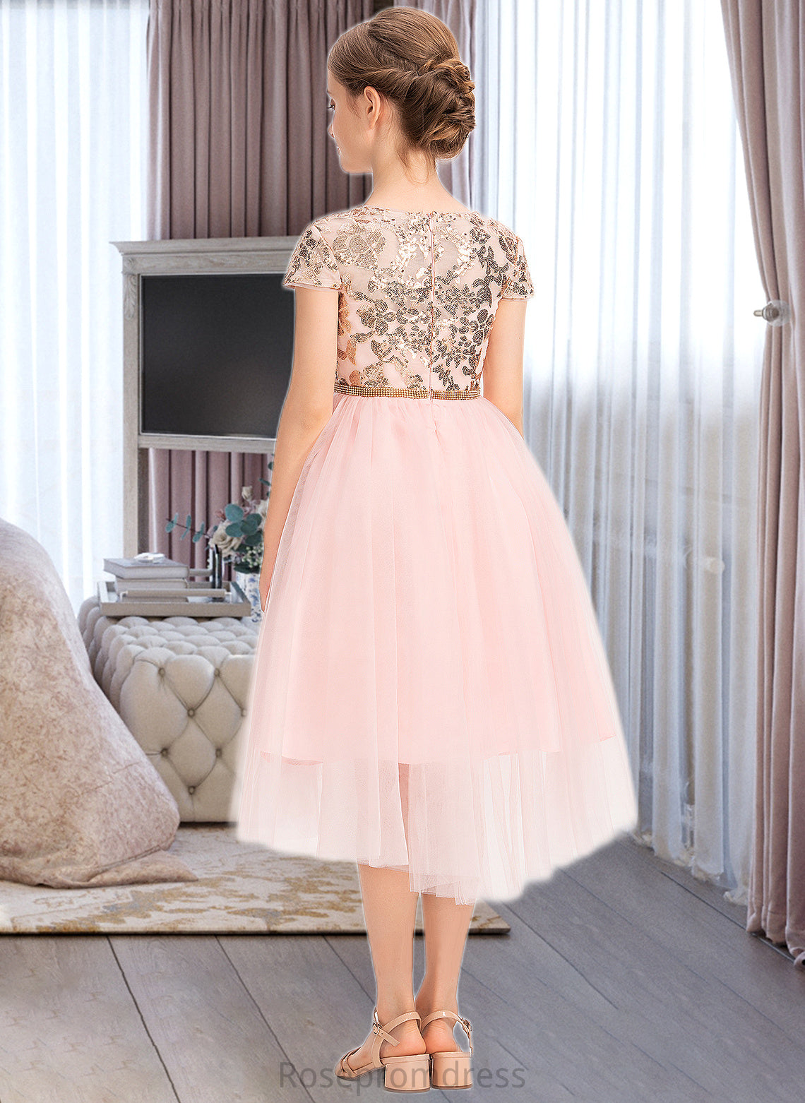 Jasmin A-Line Scoop Neck Asymmetrical Tulle Junior Bridesmaid Dress With Sequins SRSP0013531