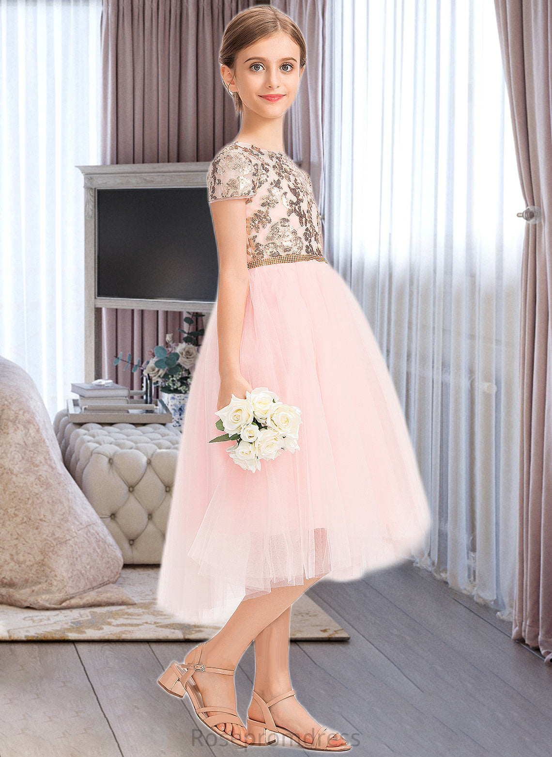 Jasmin A-Line Scoop Neck Asymmetrical Tulle Junior Bridesmaid Dress With Sequins SRSP0013531