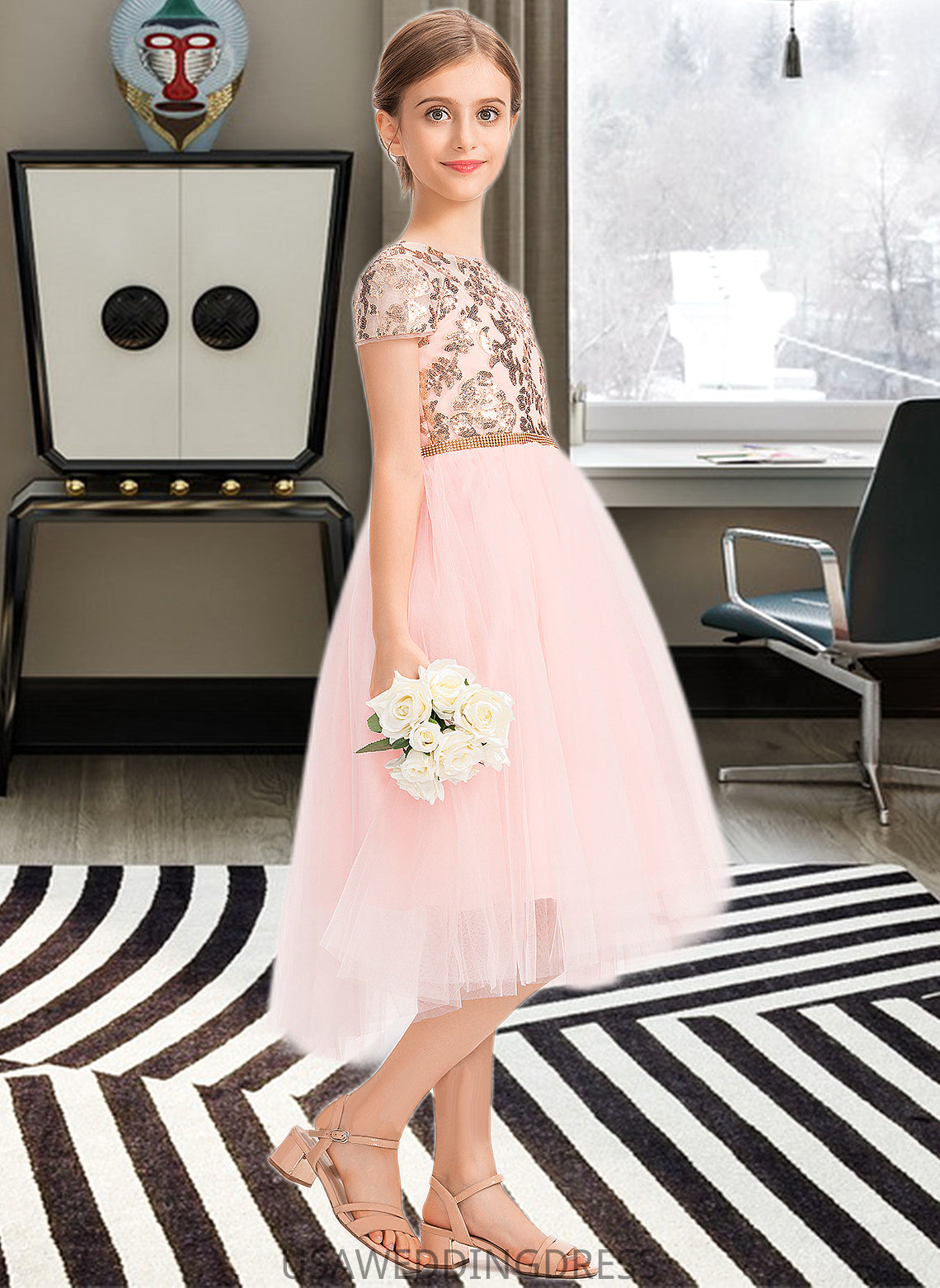 Destinee A-Line Scoop Neck Asymmetrical Tulle Junior Bridesmaid Dress With Sequins DSP0013531