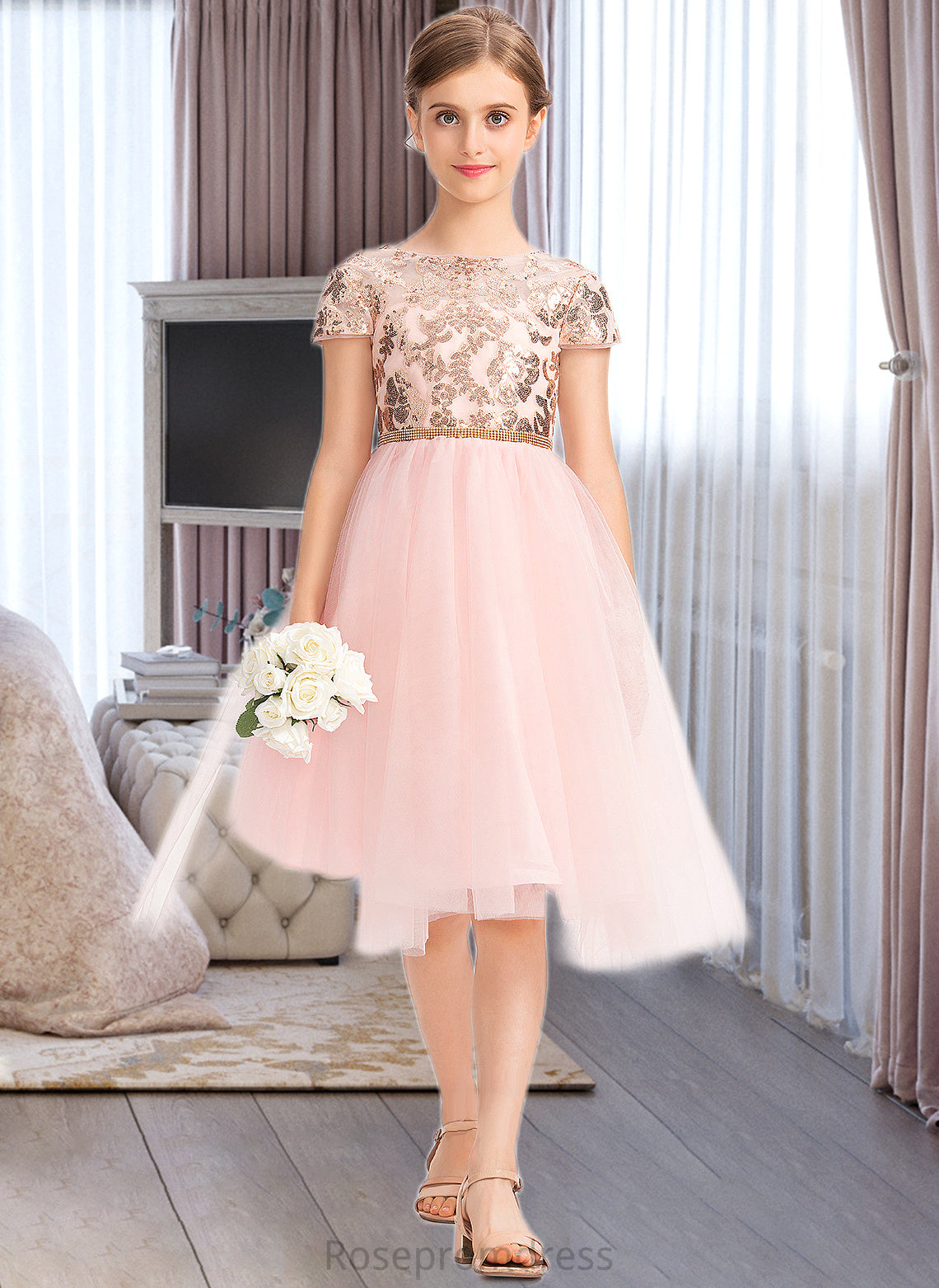 Jasmin A-Line Scoop Neck Asymmetrical Tulle Junior Bridesmaid Dress With Sequins SRSP0013531