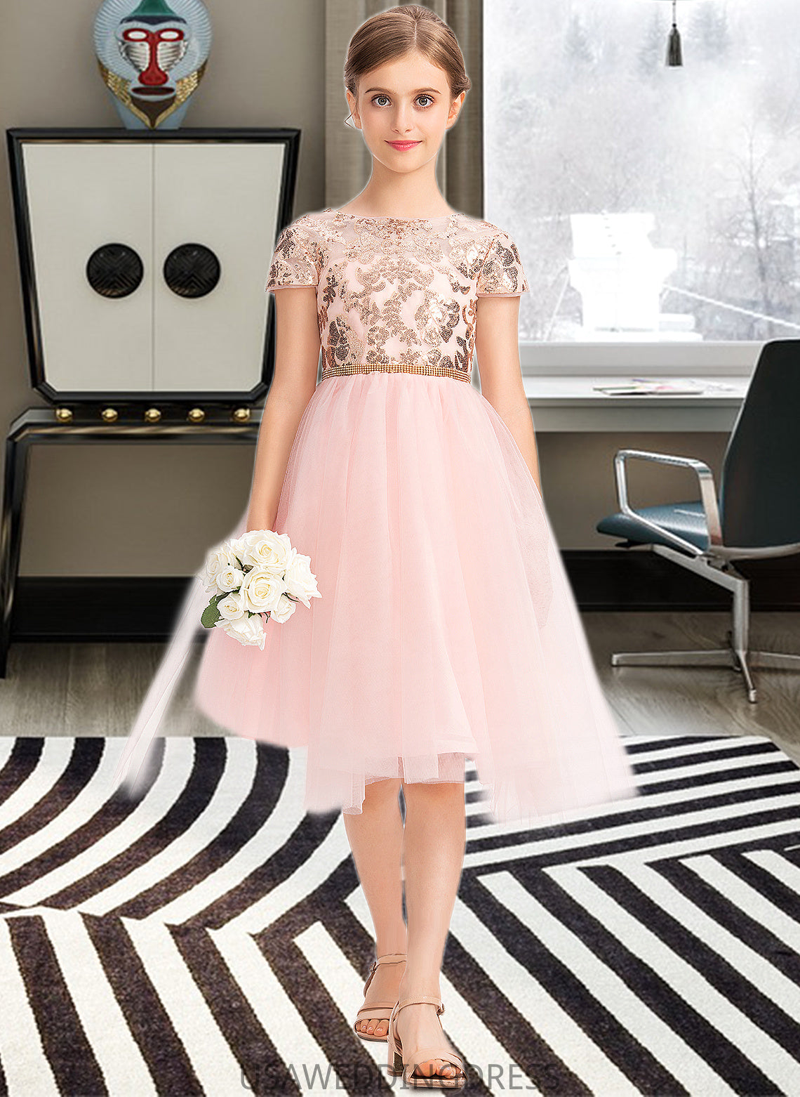 Destinee A-Line Scoop Neck Asymmetrical Tulle Junior Bridesmaid Dress With Sequins DSP0013531