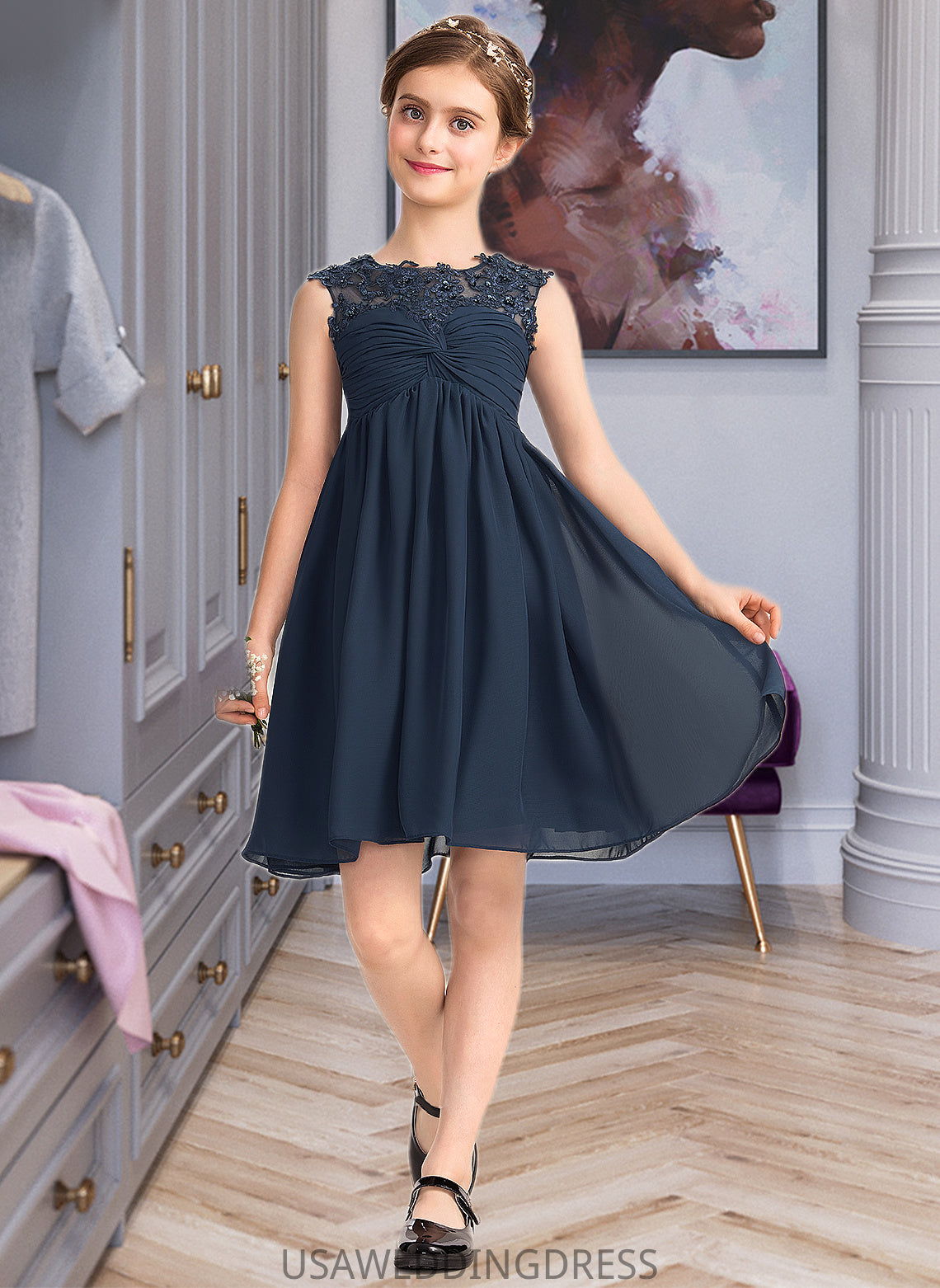 Evie Empire Scoop Neck Knee-Length Chiffon Lace Junior Bridesmaid Dress With Ruffle Beading Sequins DSP0013532