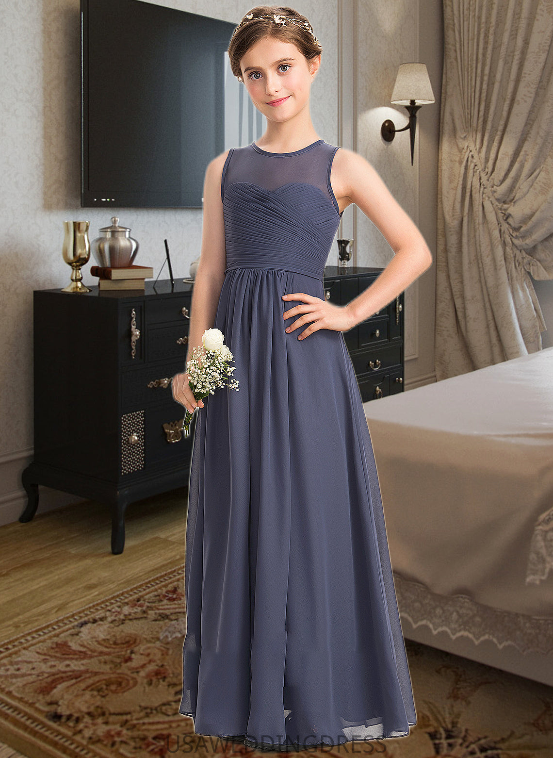 Roberta A-Line Scoop Neck Floor-Length Chiffon Junior Bridesmaid Dress With Ruffle DSP0013533