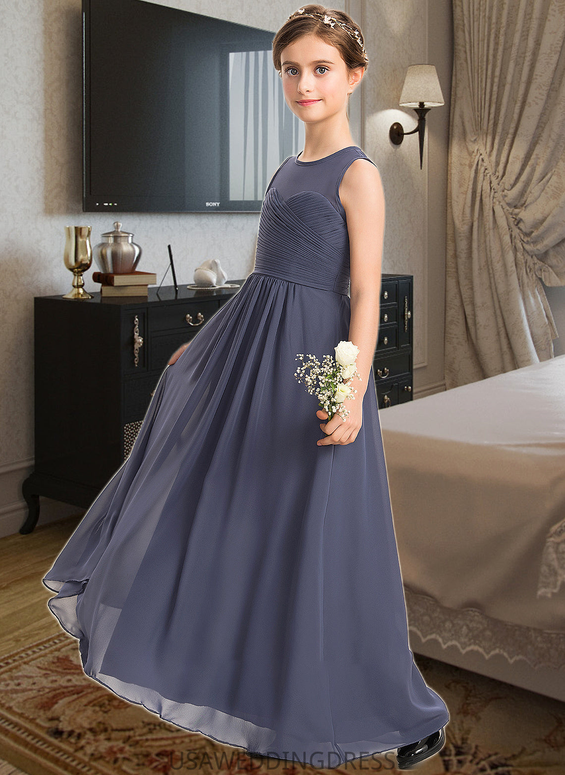 Roberta A-Line Scoop Neck Floor-Length Chiffon Junior Bridesmaid Dress With Ruffle DSP0013533