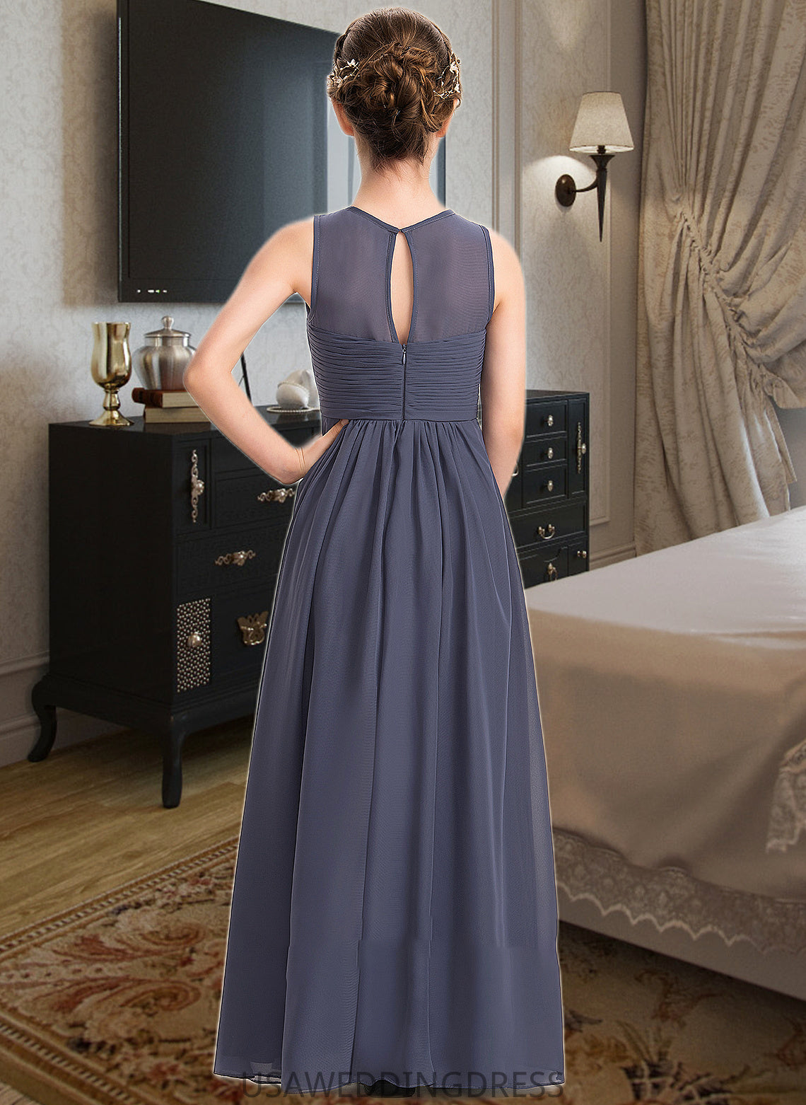 Roberta A-Line Scoop Neck Floor-Length Chiffon Junior Bridesmaid Dress With Ruffle DSP0013533