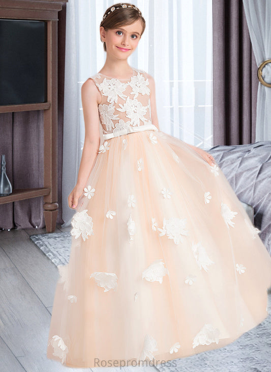 Ada Ball-Gown/Princess Scoop Neck Floor-Length Tulle Junior Bridesmaid Dress With Flower(s) Bow(s) SRSP0013534