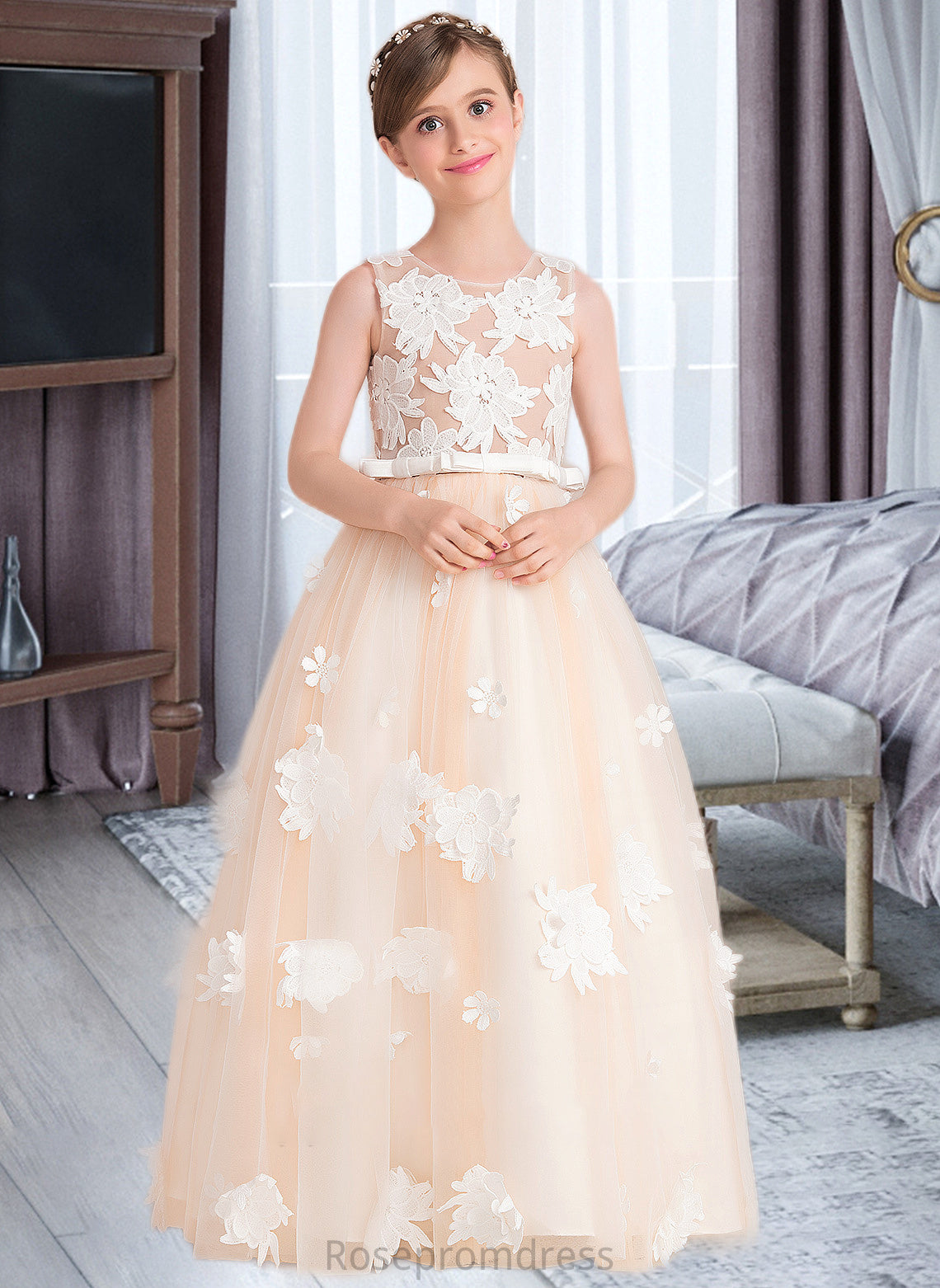 Ada Ball-Gown/Princess Scoop Neck Floor-Length Tulle Junior Bridesmaid Dress With Flower(s) Bow(s) SRSP0013534