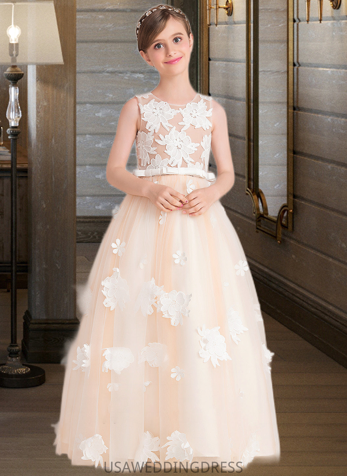 Rosa Ball-Gown/Princess Scoop Neck Floor-Length Tulle Junior Bridesmaid Dress With Flower(s) Bow(s) DSP0013534