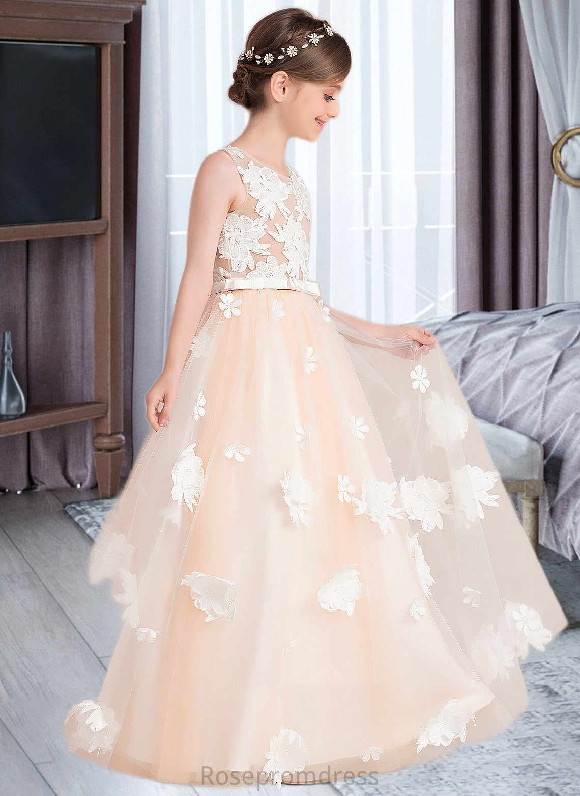 Ada Ball-Gown/Princess Scoop Neck Floor-Length Tulle Junior Bridesmaid Dress With Flower(s) Bow(s) SRSP0013534