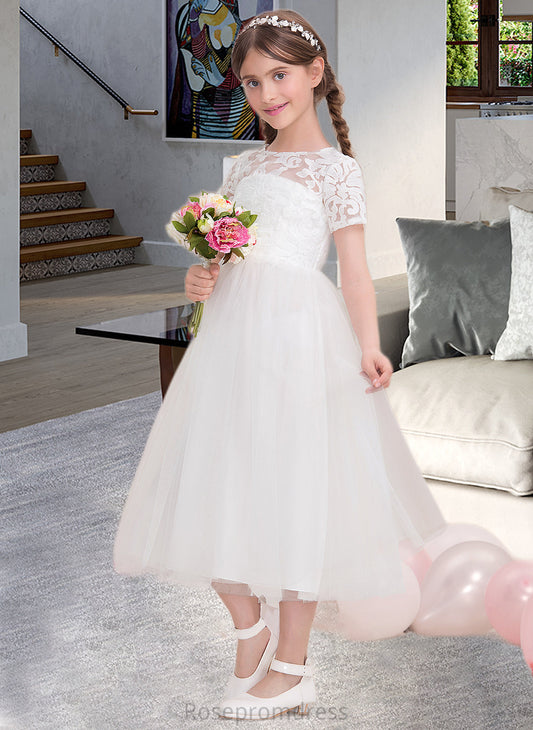 Lesly A-Line Scoop Neck Tea-Length Tulle Junior Bridesmaid Dress SRSP0013535