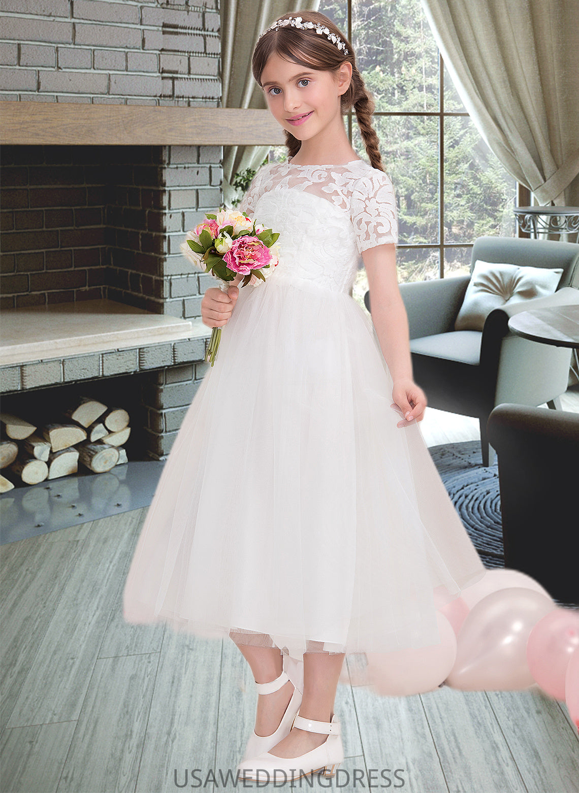 Persis A-Line Scoop Neck Tea-Length Tulle Junior Bridesmaid Dress DSP0013535