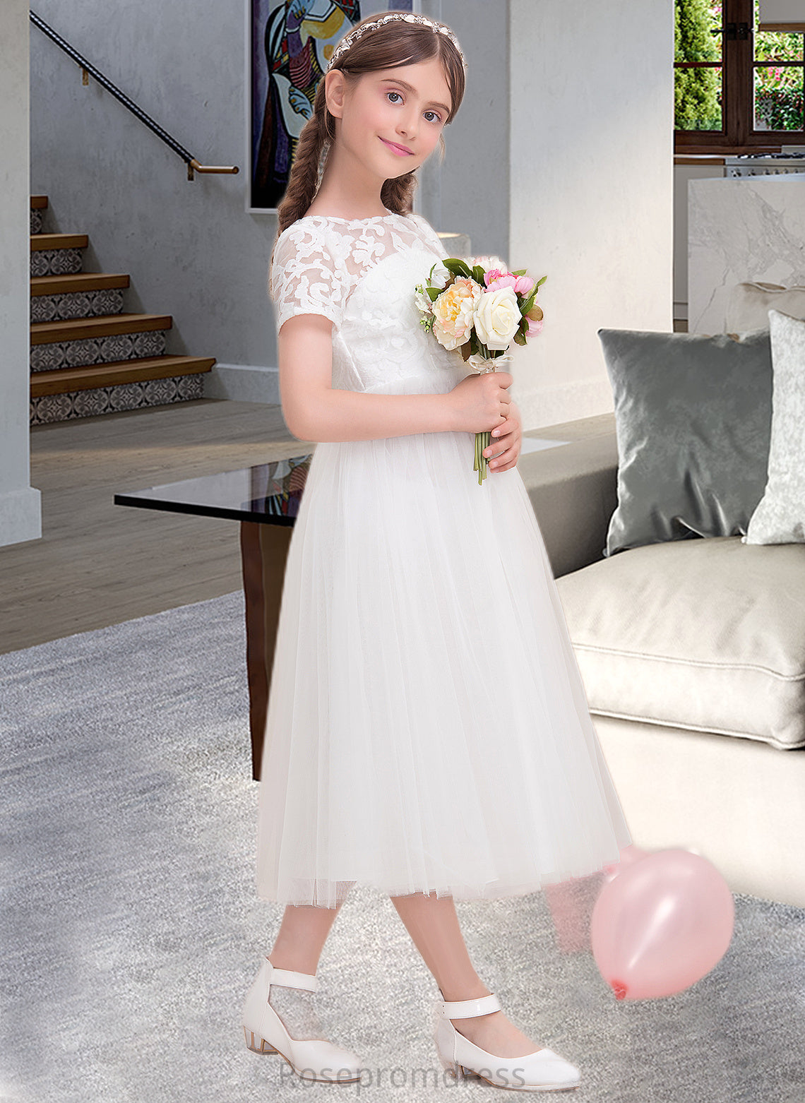 Lesly A-Line Scoop Neck Tea-Length Tulle Junior Bridesmaid Dress SRSP0013535