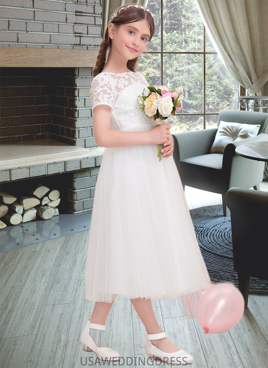 Persis A-Line Scoop Neck Tea-Length Tulle Junior Bridesmaid Dress DSP0013535