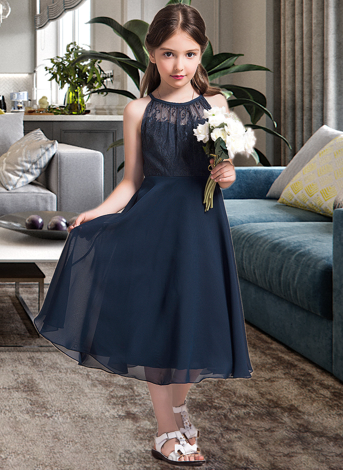 Jada A-Line Scoop Neck Tea-Length Chiffon Lace Junior Bridesmaid Dress With Ruffle SRSP0013536