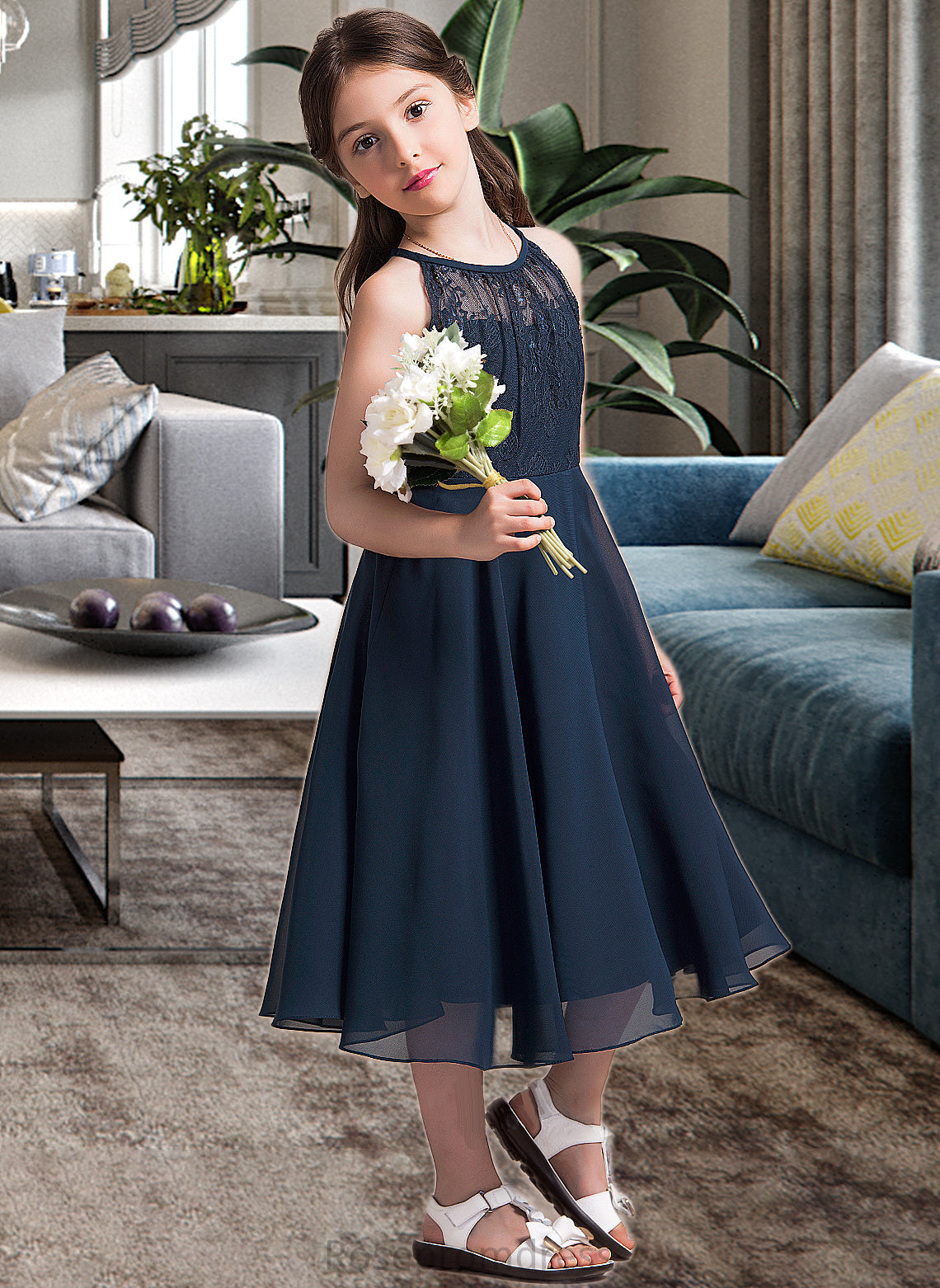 Jada A-Line Scoop Neck Tea-Length Chiffon Lace Junior Bridesmaid Dress With Ruffle SRSP0013536