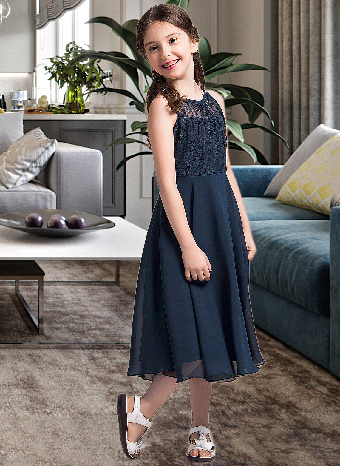 Jada A-Line Scoop Neck Tea-Length Chiffon Lace Junior Bridesmaid Dress With Ruffle SRSP0013536