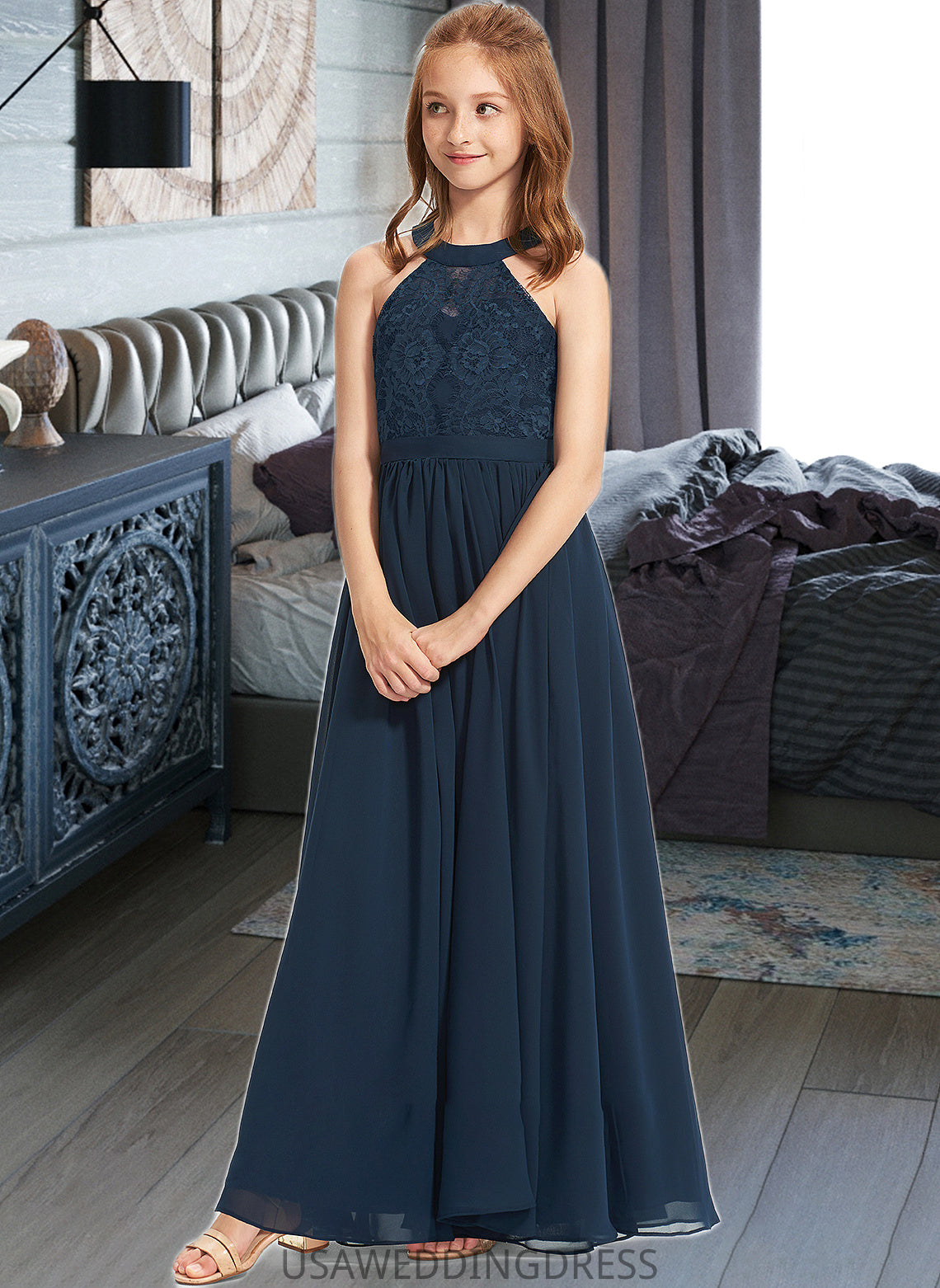 Maggie A-LineScoopNeckFloor-LengthChiffonLaceJuniorBridesmaidDress#234030 DSP0013538