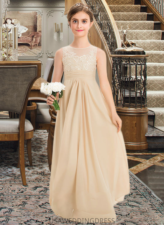 Madelynn A-Line Scoop Neck Floor-Length Chiffon Lace Junior Bridesmaid Dress DSP0013539