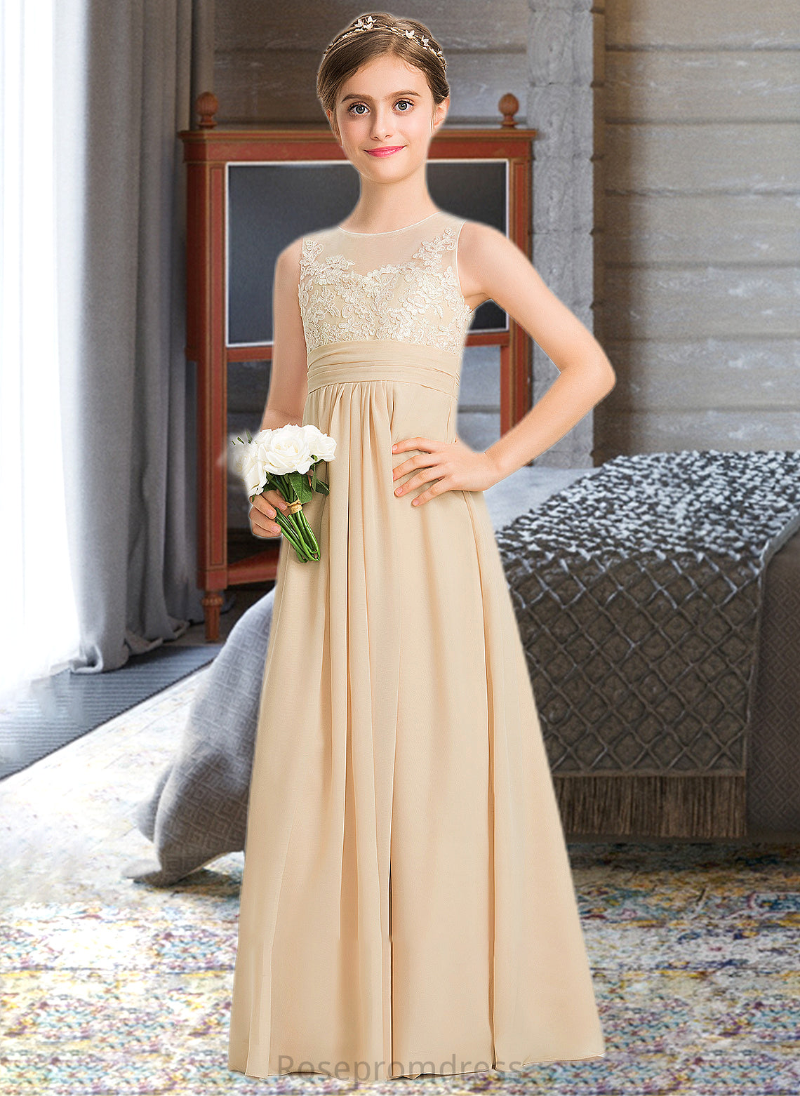 Yadira A-Line Scoop Neck Floor-Length Chiffon Lace Junior Bridesmaid Dress SRSP0013539