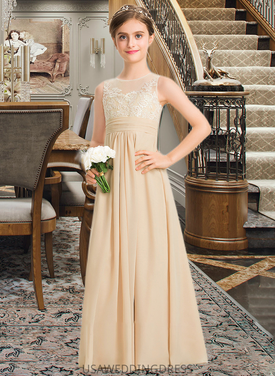 Madelynn A-Line Scoop Neck Floor-Length Chiffon Lace Junior Bridesmaid Dress DSP0013539