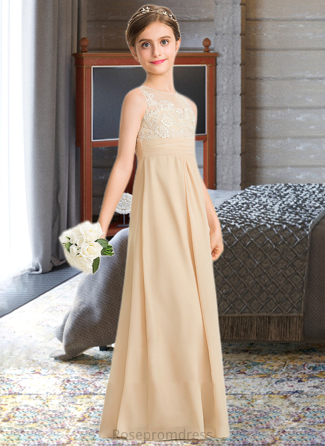 Yadira A-Line Scoop Neck Floor-Length Chiffon Lace Junior Bridesmaid Dress SRSP0013539