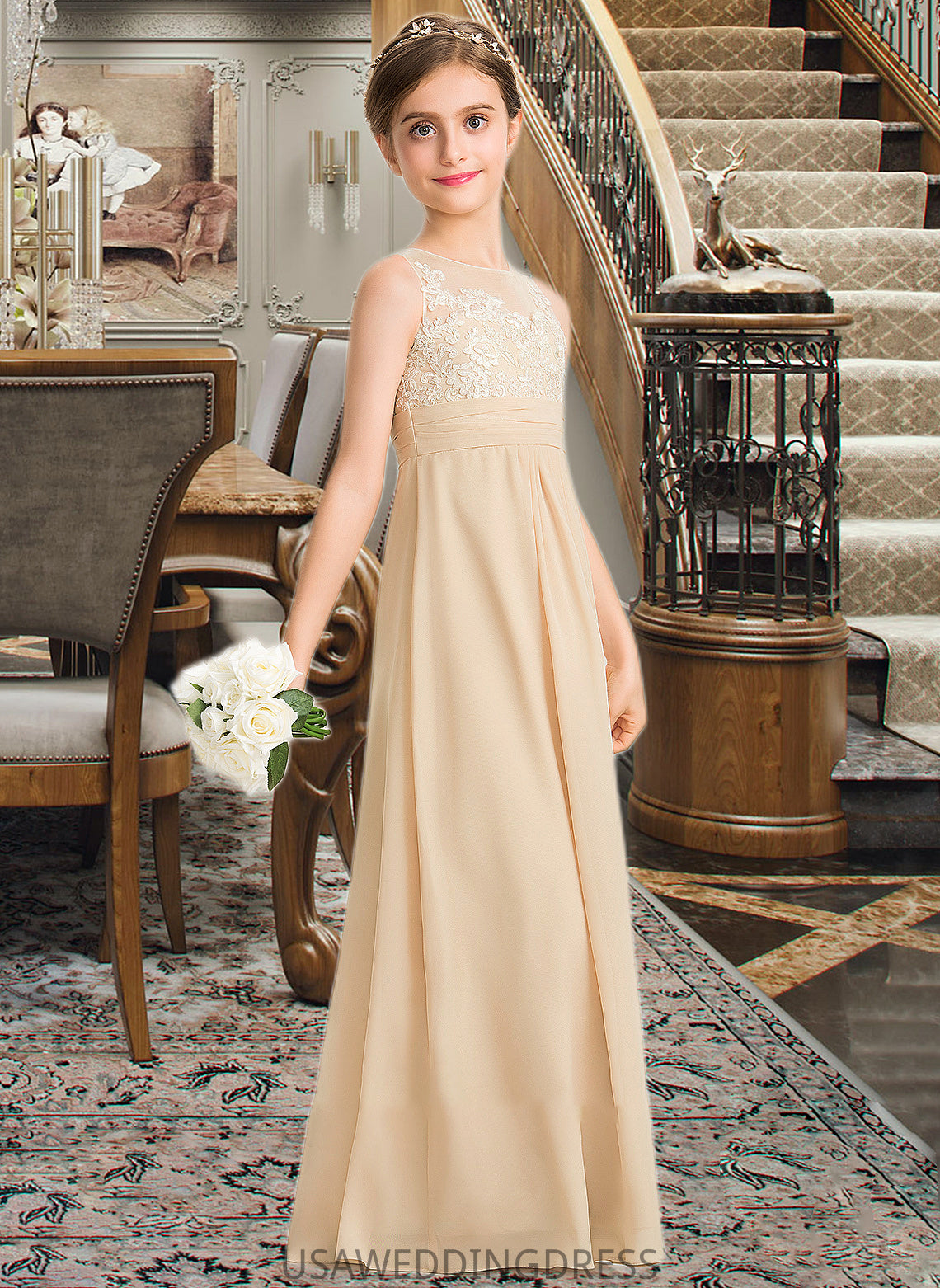 Madelynn A-Line Scoop Neck Floor-Length Chiffon Lace Junior Bridesmaid Dress DSP0013539