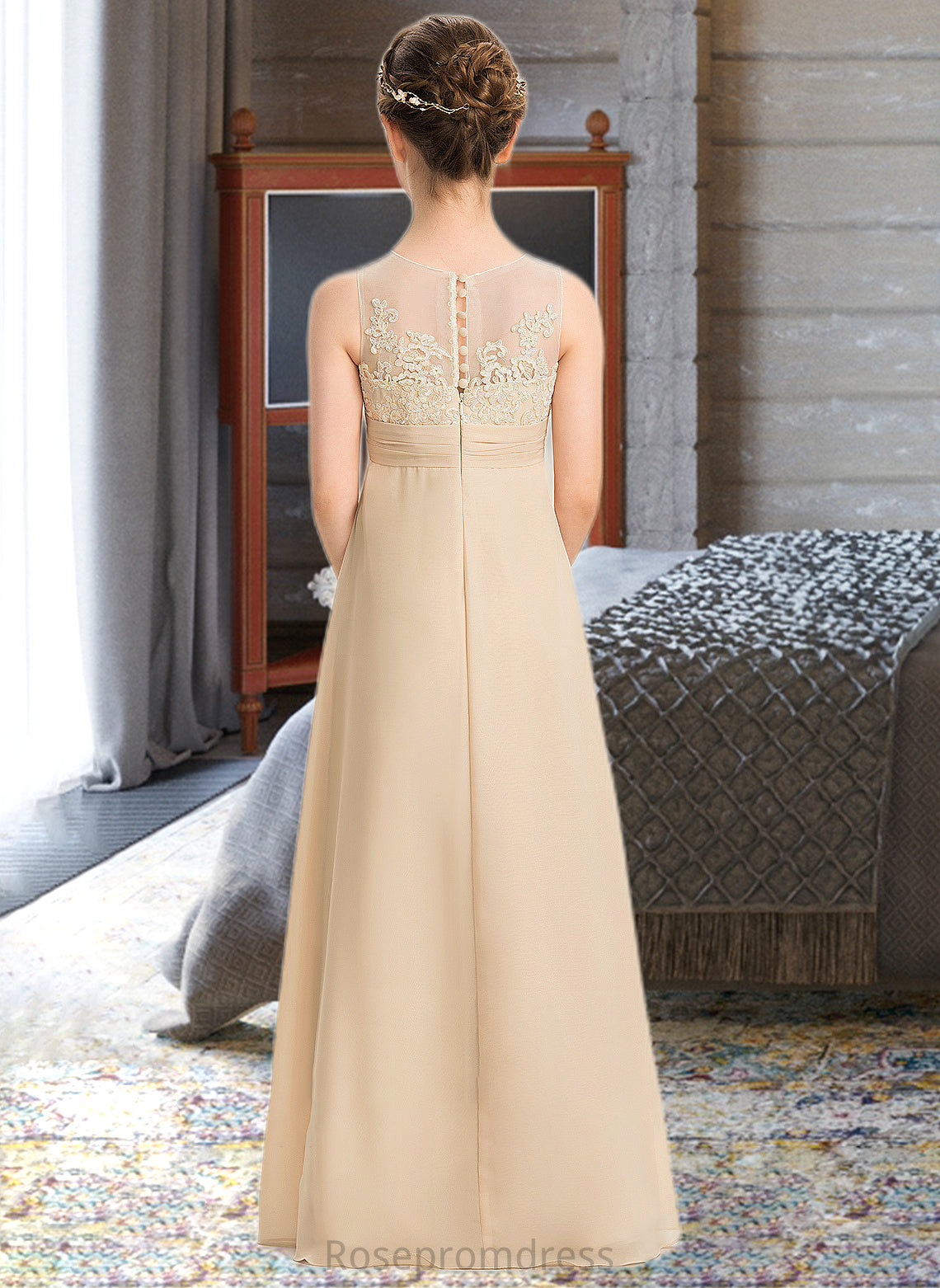 Yadira A-Line Scoop Neck Floor-Length Chiffon Lace Junior Bridesmaid Dress SRSP0013539