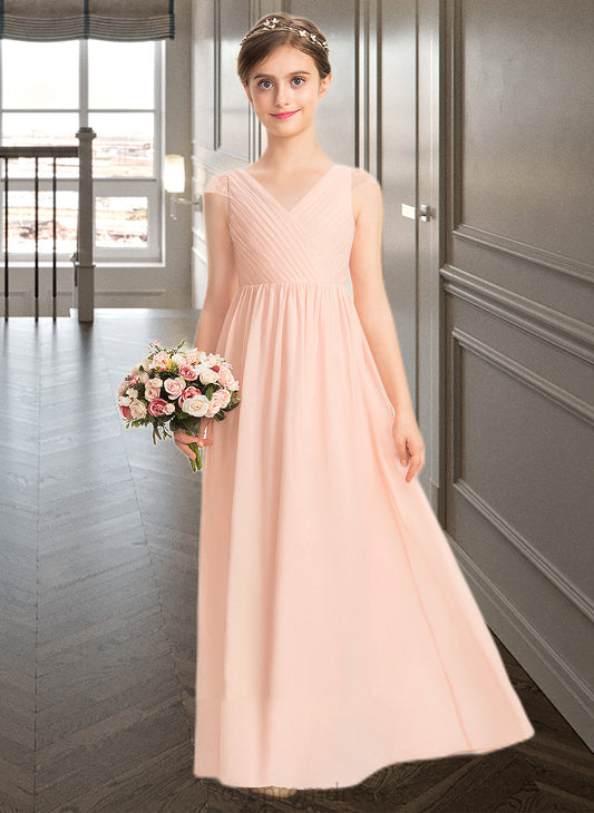 Audrina A-Line V-neck Floor-Length Chiffon Lace Junior Bridesmaid Dress With Ruffle SRSP0013540