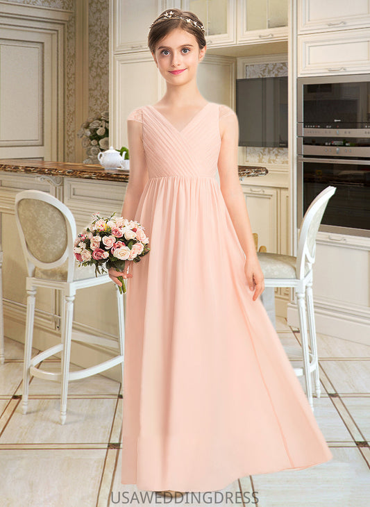 Chaya A-Line V-neck Floor-Length Chiffon Lace Junior Bridesmaid Dress With Ruffle DSP0013540