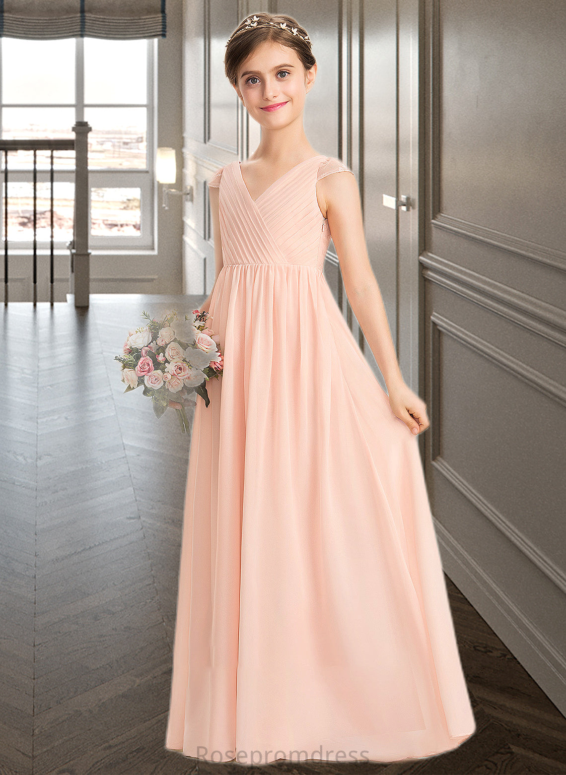 Audrina A-Line V-neck Floor-Length Chiffon Lace Junior Bridesmaid Dress With Ruffle SRSP0013540