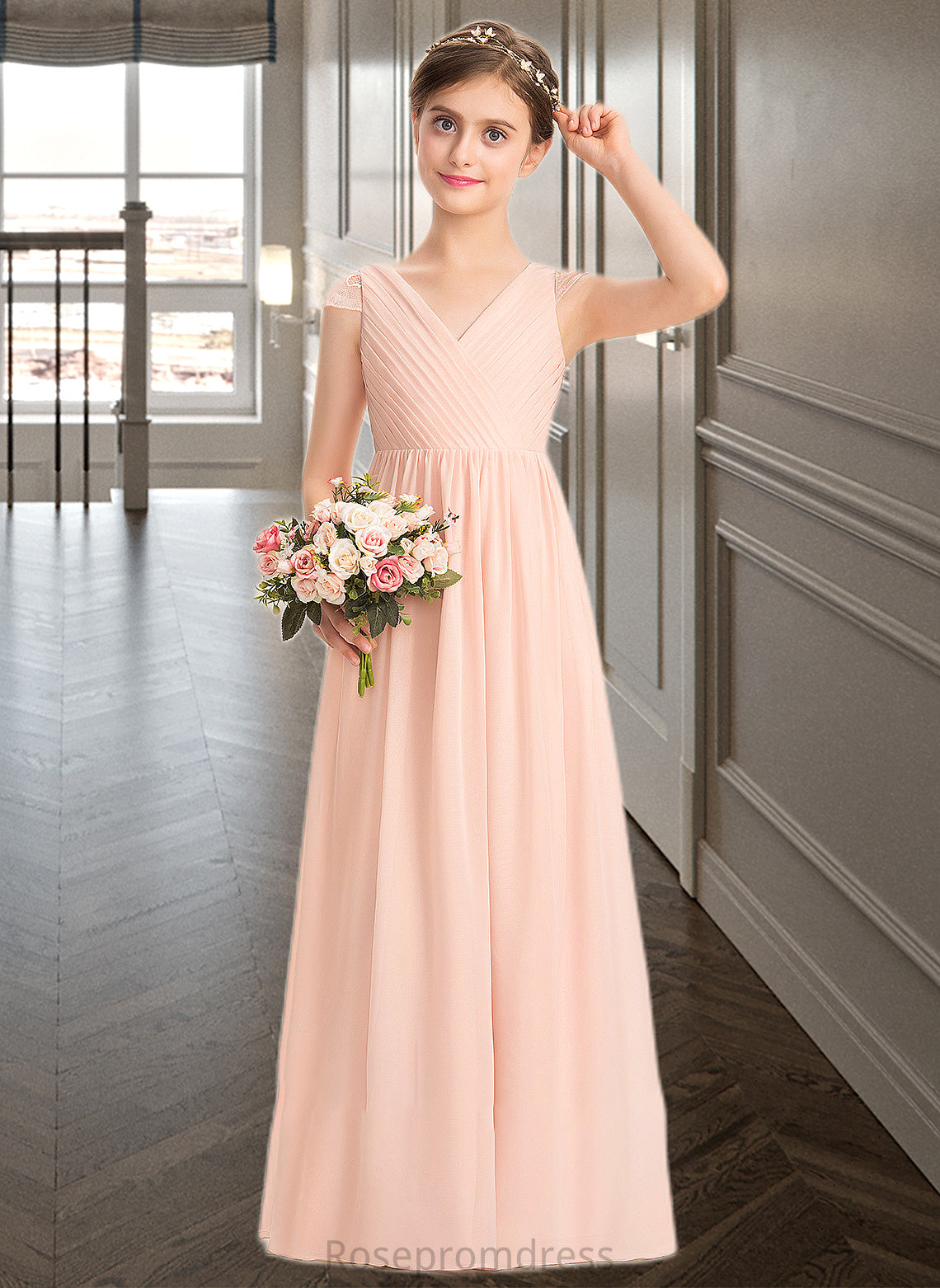 Audrina A-Line V-neck Floor-Length Chiffon Lace Junior Bridesmaid Dress With Ruffle SRSP0013540